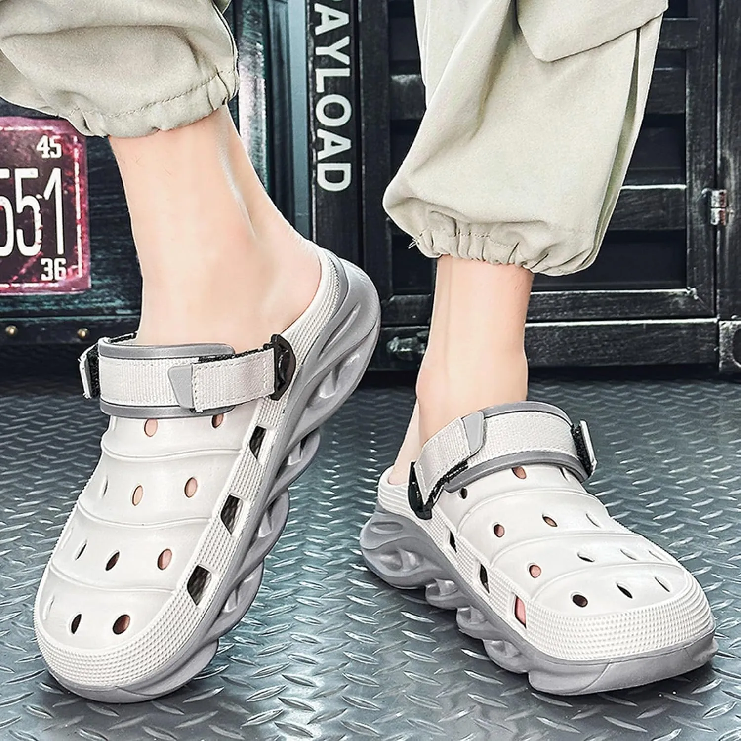 ihinzry Men's Garden Clogs Non-Slip Slides Shoes Water Beach Pool Sandals for Men Two Tones Outdoor Slippers with Adjustable Strap