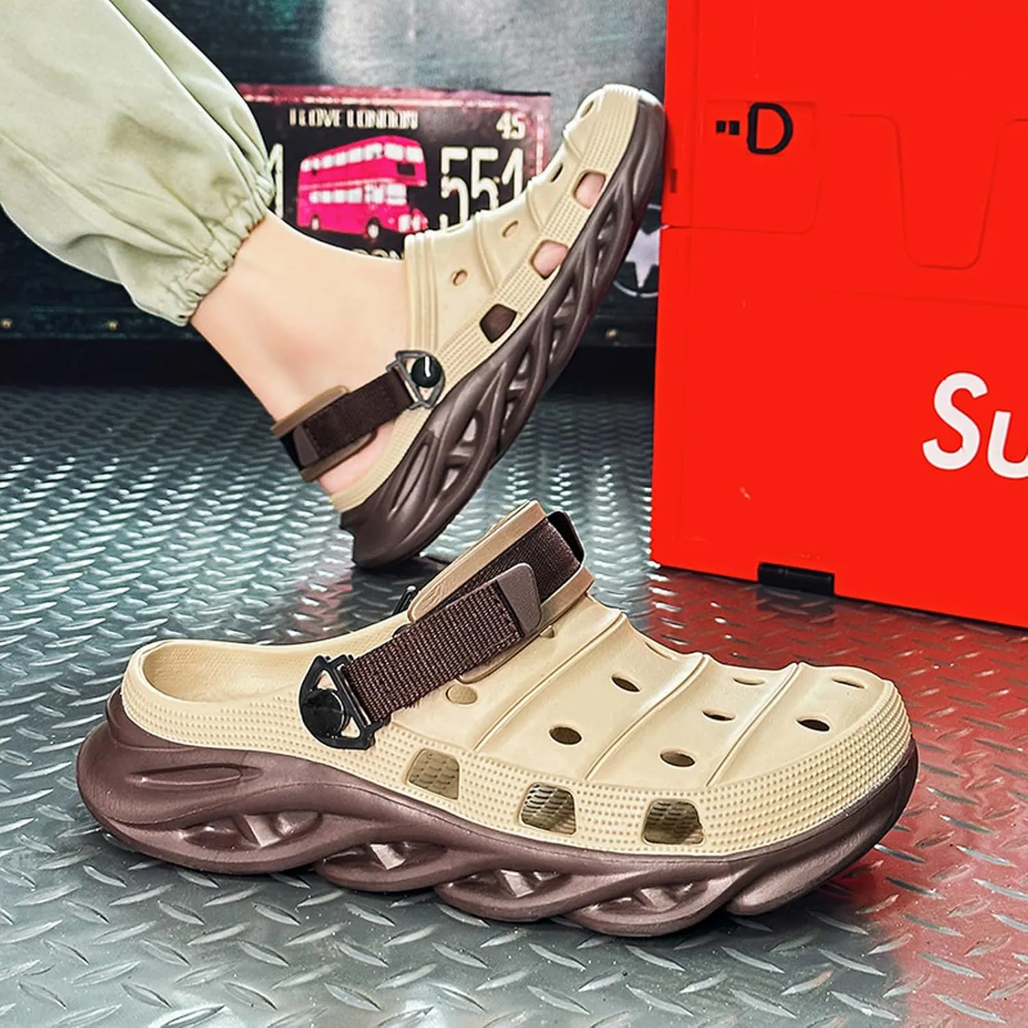 ihinzry Men's Garden Clogs Non-Slip Slides Shoes Water Beach Pool Sandals for Men Two Tones Outdoor Slippers with Adjustable Strap