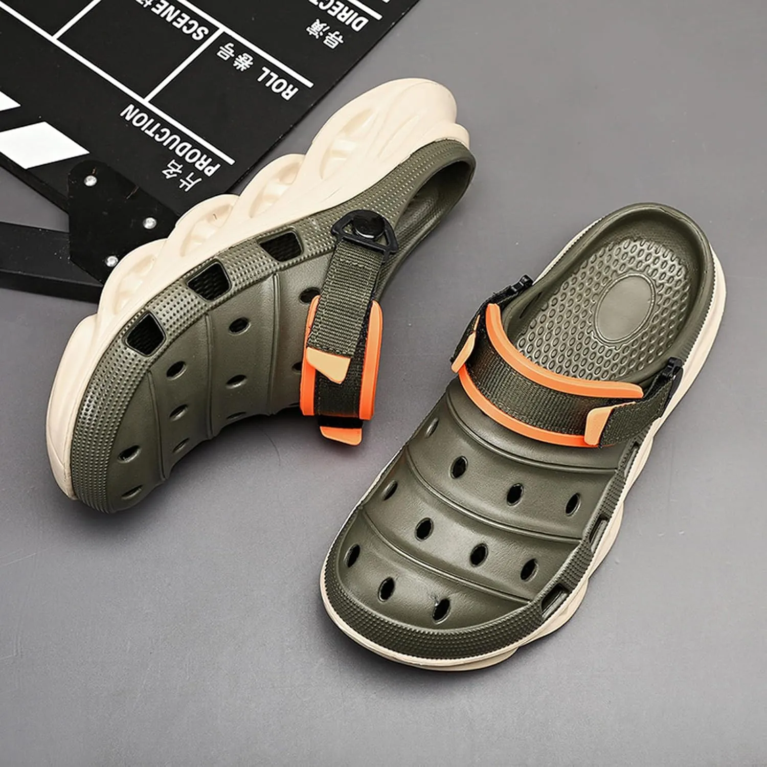 ihinzry Men's Garden Clogs Non-Slip Slides Shoes Water Beach Pool Sandals for Men Two Tones Outdoor Slippers with Adjustable Strap