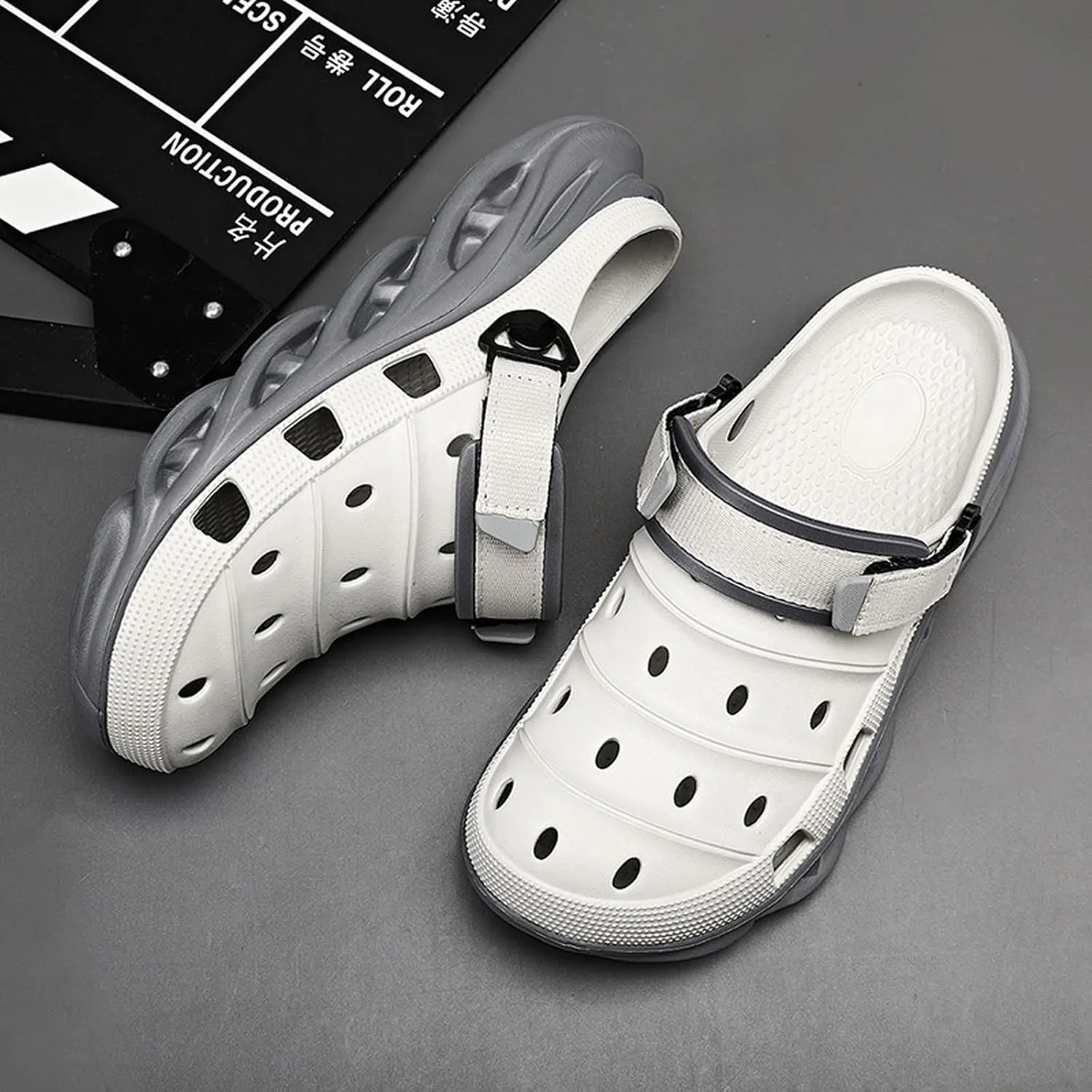 ihinzry Men's Garden Clogs Non-Slip Slides Shoes Water Beach Pool Sandals for Men Two Tones Outdoor Slippers with Adjustable Strap
