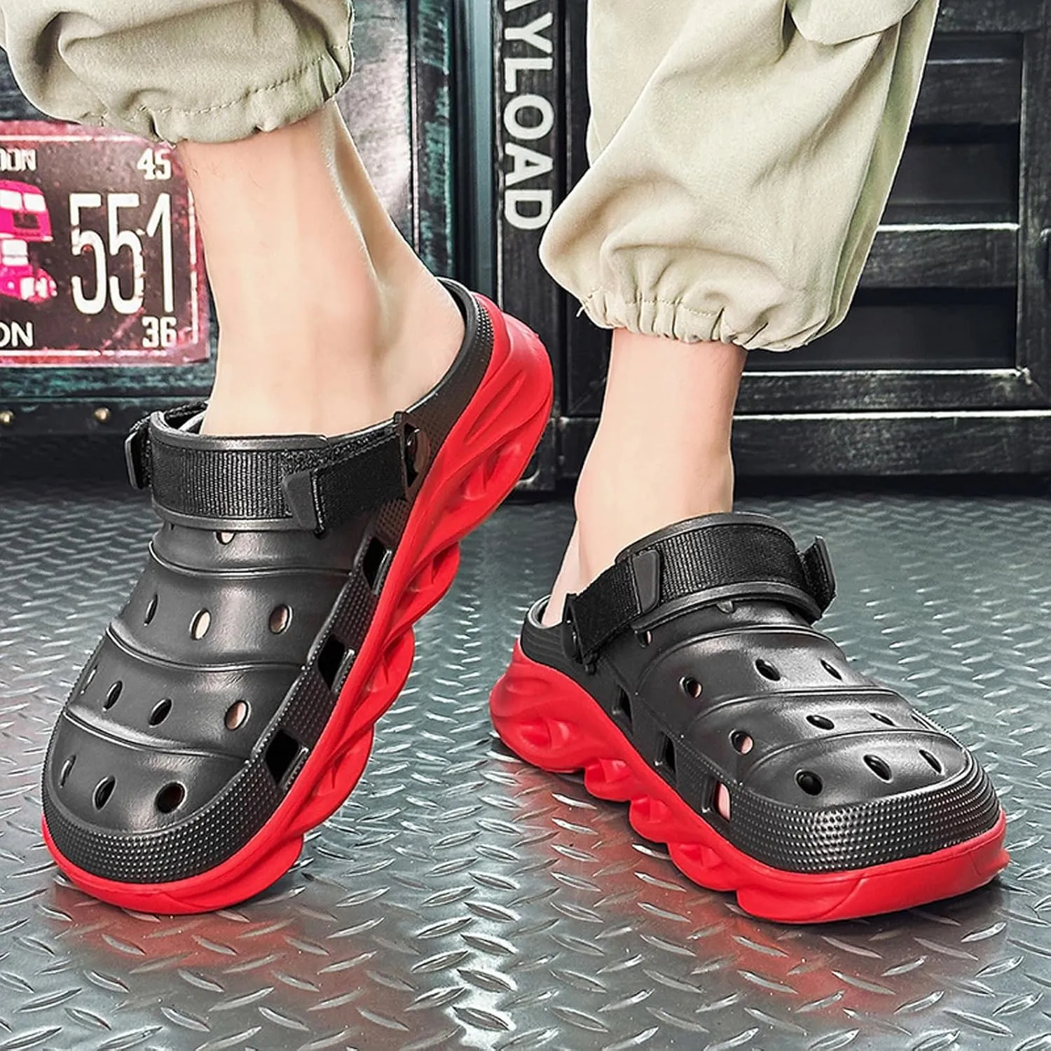 ihinzry Men's Garden Clogs Non-Slip Slides Shoes Water Beach Pool Sandals for Men Two Tones Outdoor Slippers with Adjustable Strap