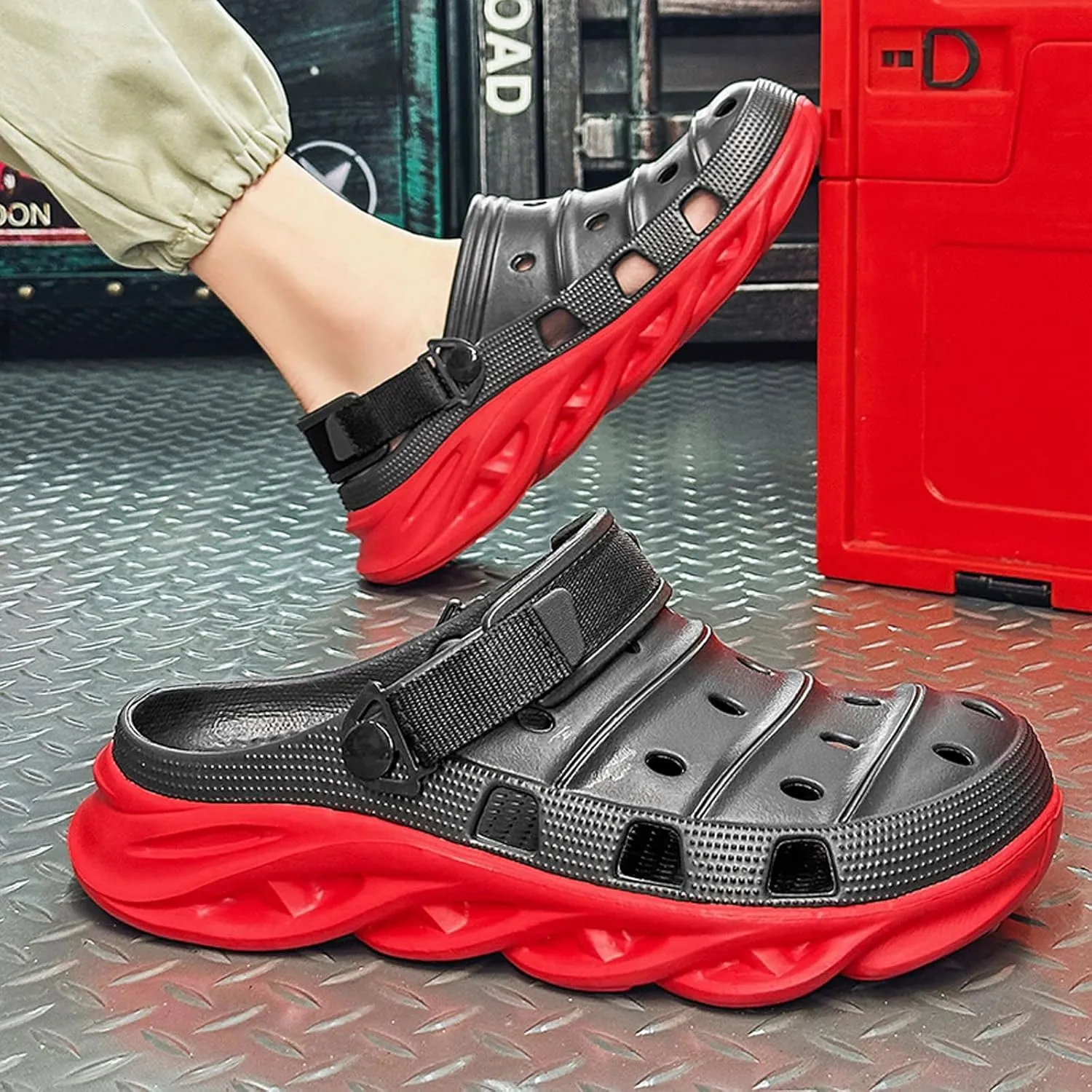 ihinzry Men's Garden Clogs Non-Slip Slides Shoes Water Beach Pool Sandals for Men Two Tones Outdoor Slippers with Adjustable Strap
