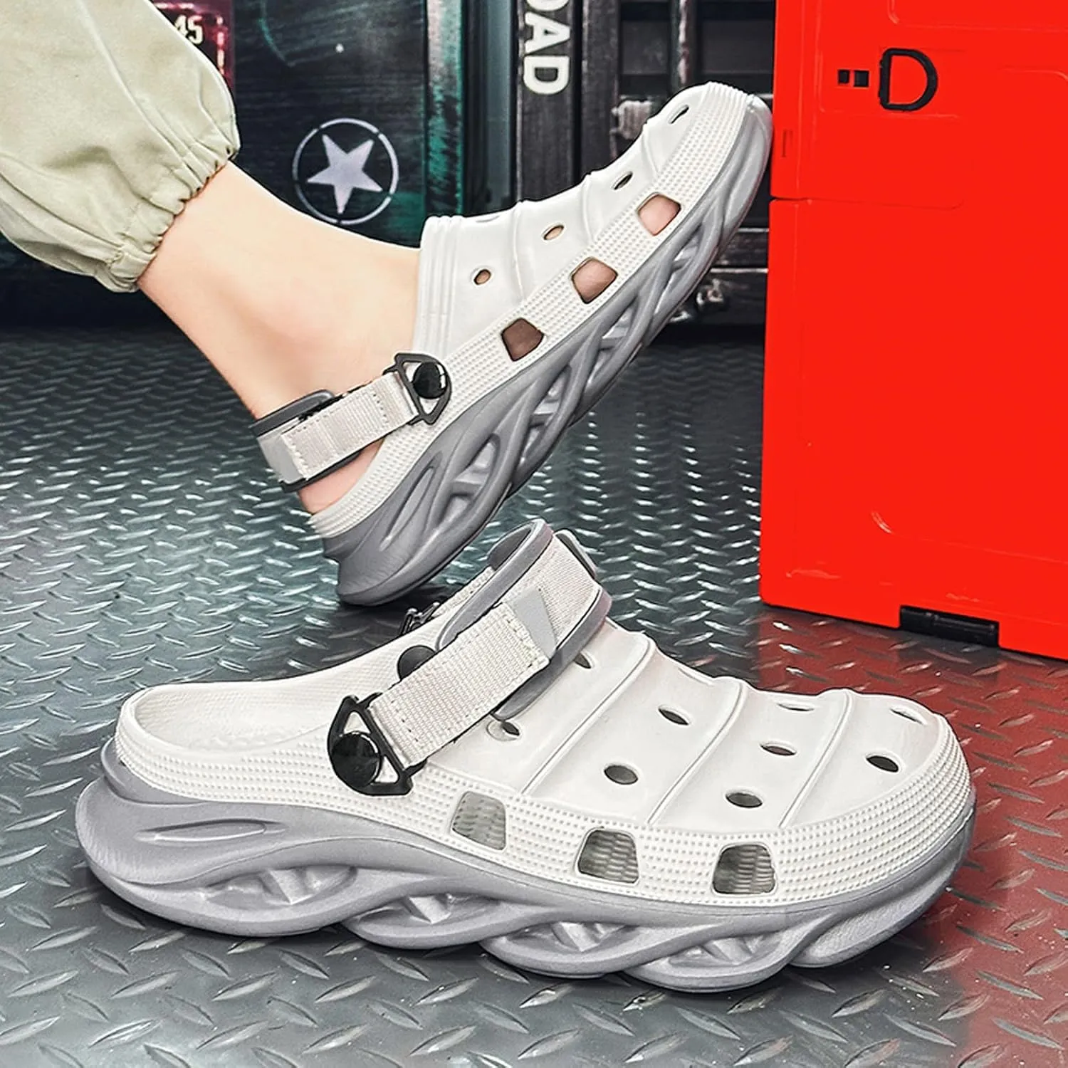 ihinzry Men's Garden Clogs Non-Slip Slides Shoes Water Beach Pool Sandals for Men Two Tones Outdoor Slippers with Adjustable Strap