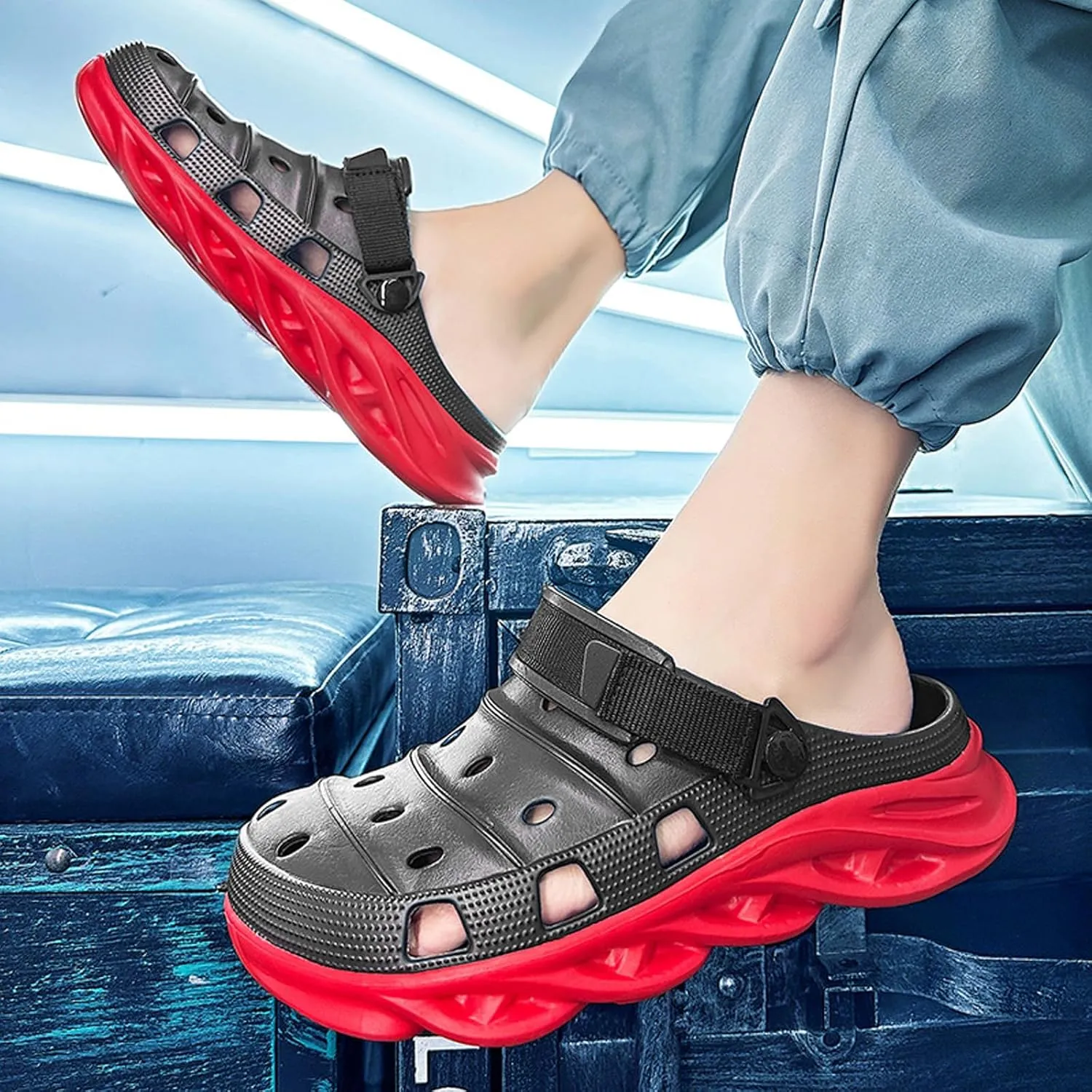 ihinzry Men's Garden Clogs Non-Slip Slides Shoes Water Beach Pool Sandals for Men Two Tones Outdoor Slippers with Adjustable Strap