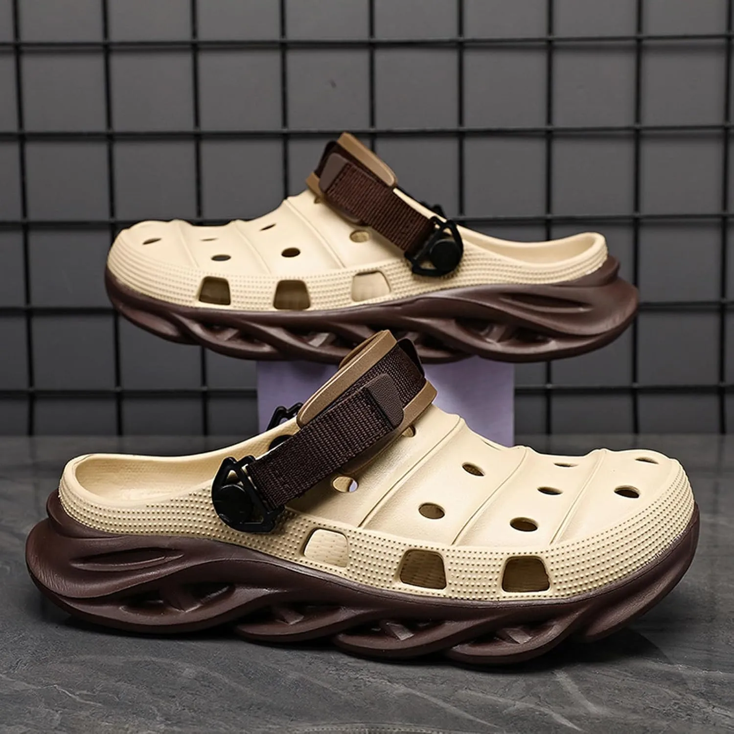ihinzry Men's Garden Clogs Non-Slip Slides Shoes Water Beach Pool Sandals for Men Two Tones Outdoor Slippers with Adjustable Strap