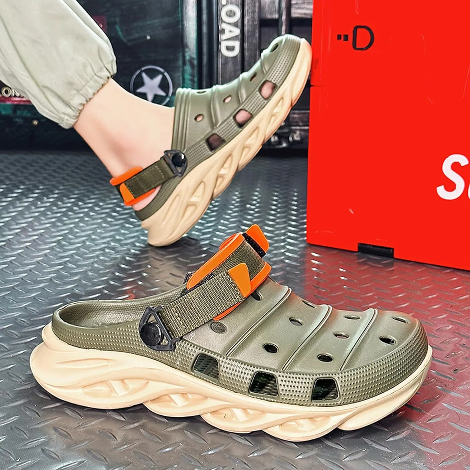 ihinzry Men's Garden Clogs Non-Slip Slides Shoes Water Beach Pool Sandals for Men Two Tones Outdoor Slippers with Adjustable Strap