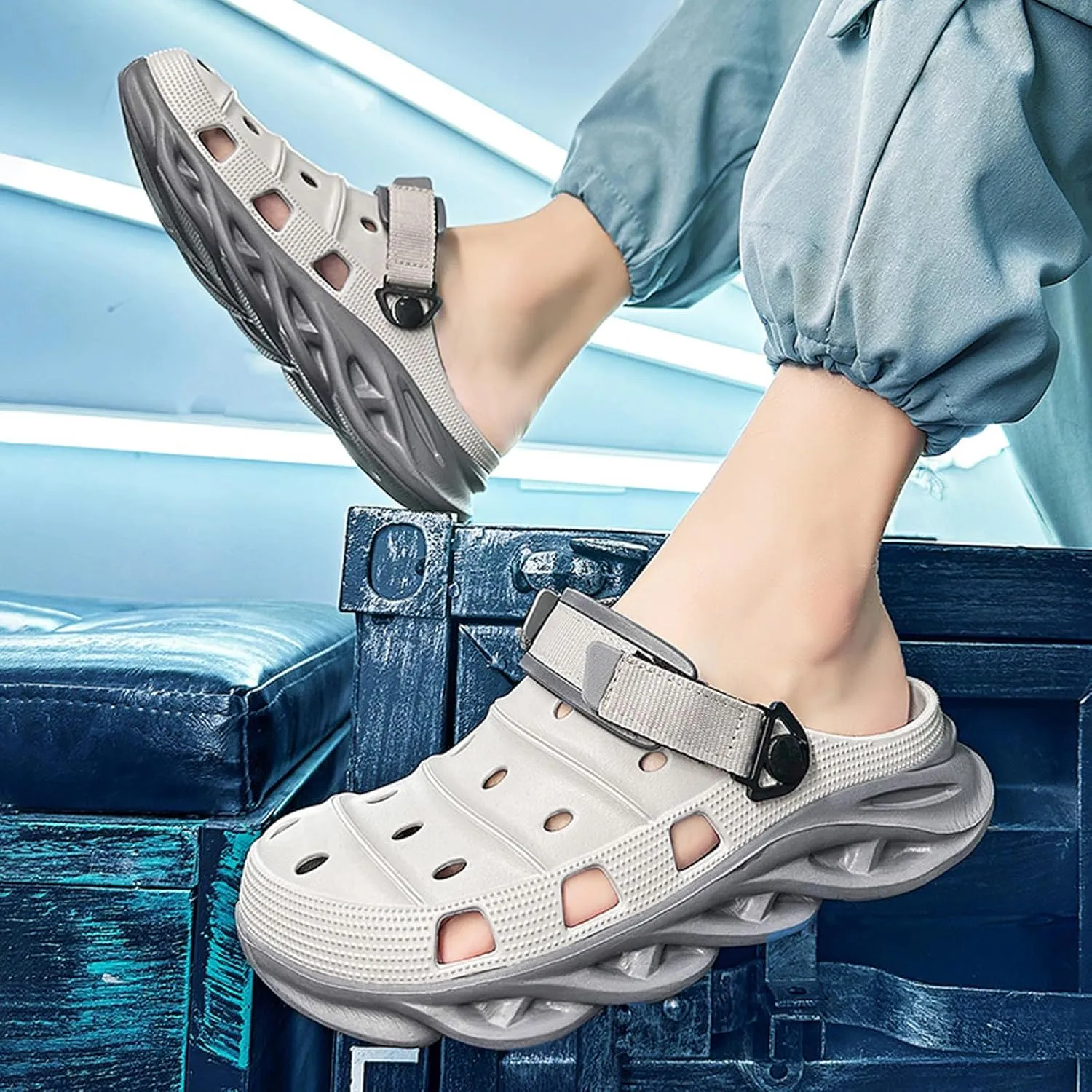 ihinzry Men's Garden Clogs Non-Slip Slides Shoes Water Beach Pool Sandals for Men Two Tones Outdoor Slippers with Adjustable Strap