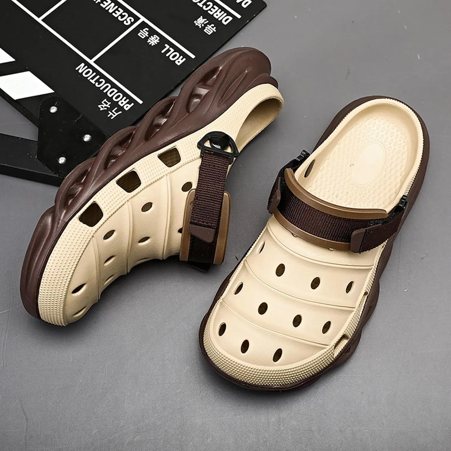 ihinzry Men's Garden Clogs Non-Slip Slides Shoes Water Beach Pool Sandals for Men Two Tones Outdoor Slippers with Adjustable Strap
