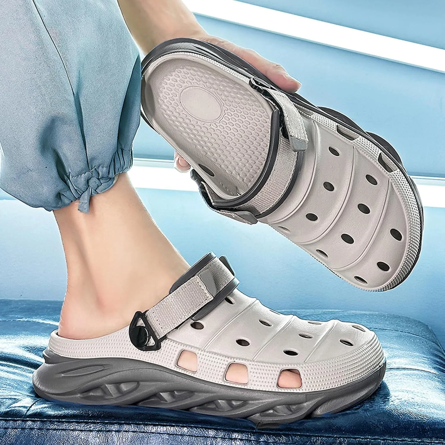 ihinzry Men's Garden Clogs Non-Slip Slides Shoes Water Beach Pool Sandals for Men Two Tones Outdoor Slippers with Adjustable Strap