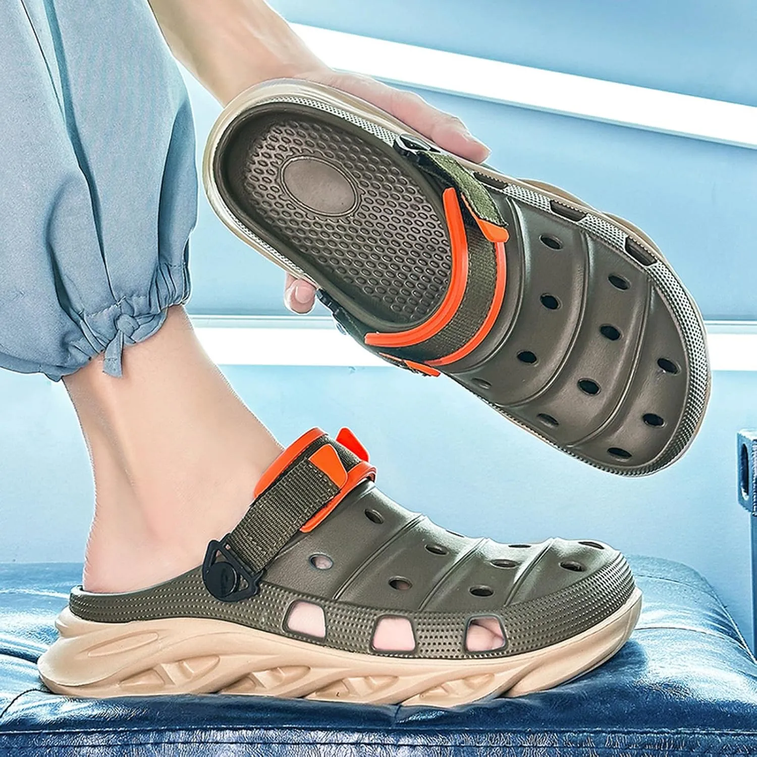 ihinzry Men's Garden Clogs Non-Slip Slides Shoes Water Beach Pool Sandals for Men Two Tones Outdoor Slippers with Adjustable Strap