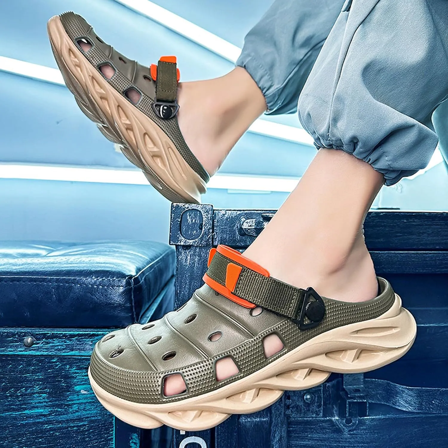 ihinzry Men's Garden Clogs Non-Slip Slides Shoes Water Beach Pool Sandals for Men Two Tones Outdoor Slippers with Adjustable Strap