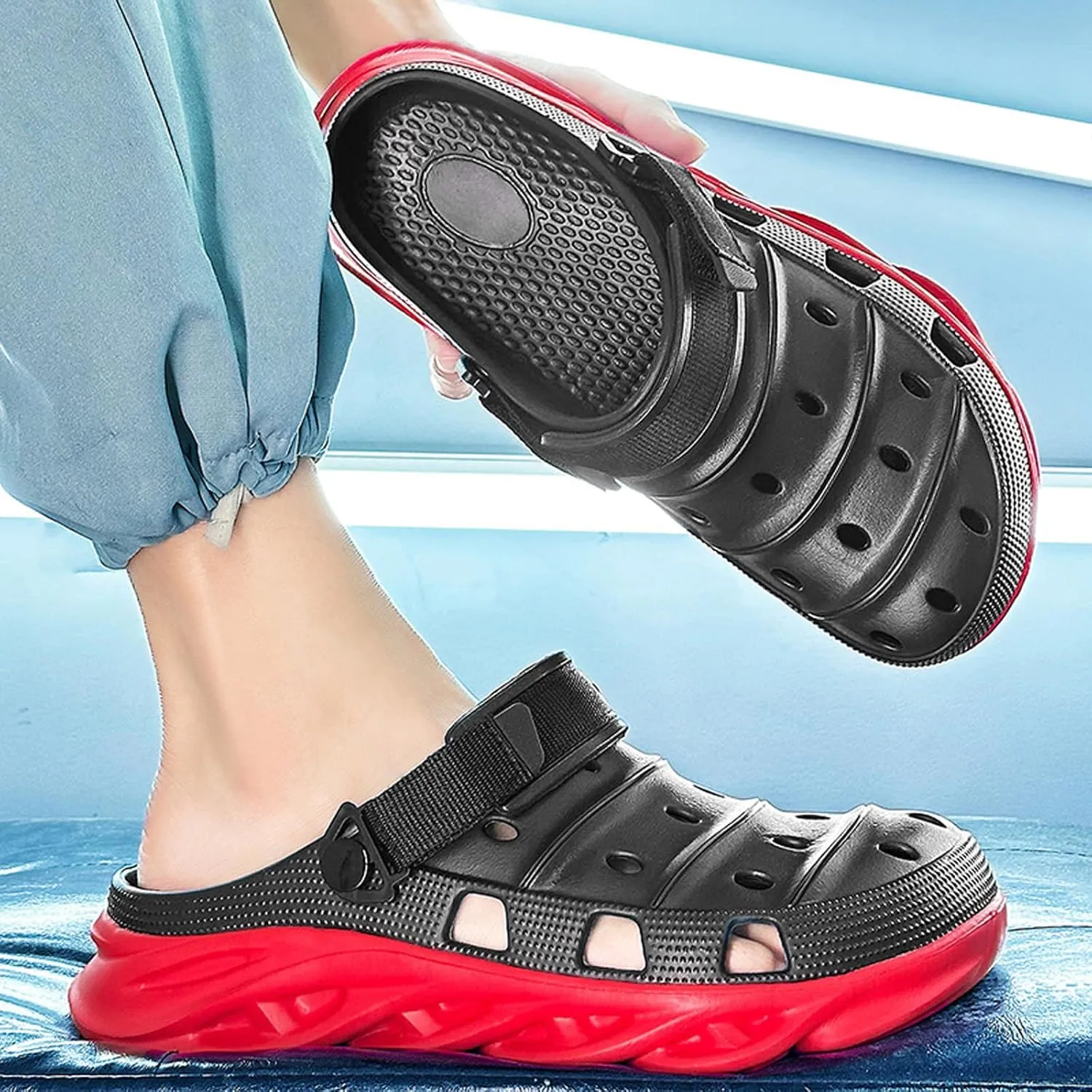 ihinzry Men's Garden Clogs Non-Slip Slides Shoes Water Beach Pool Sandals for Men Two Tones Outdoor Slippers with Adjustable Strap