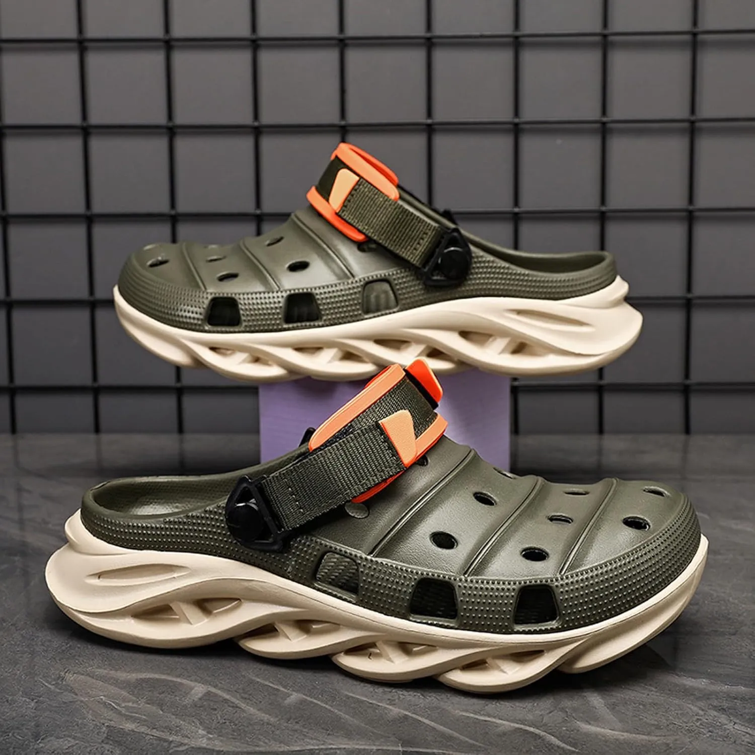 ihinzry Men's Garden Clogs Non-Slip Slides Shoes Water Beach Pool Sandals for Men Two Tones Outdoor Slippers with Adjustable Strap