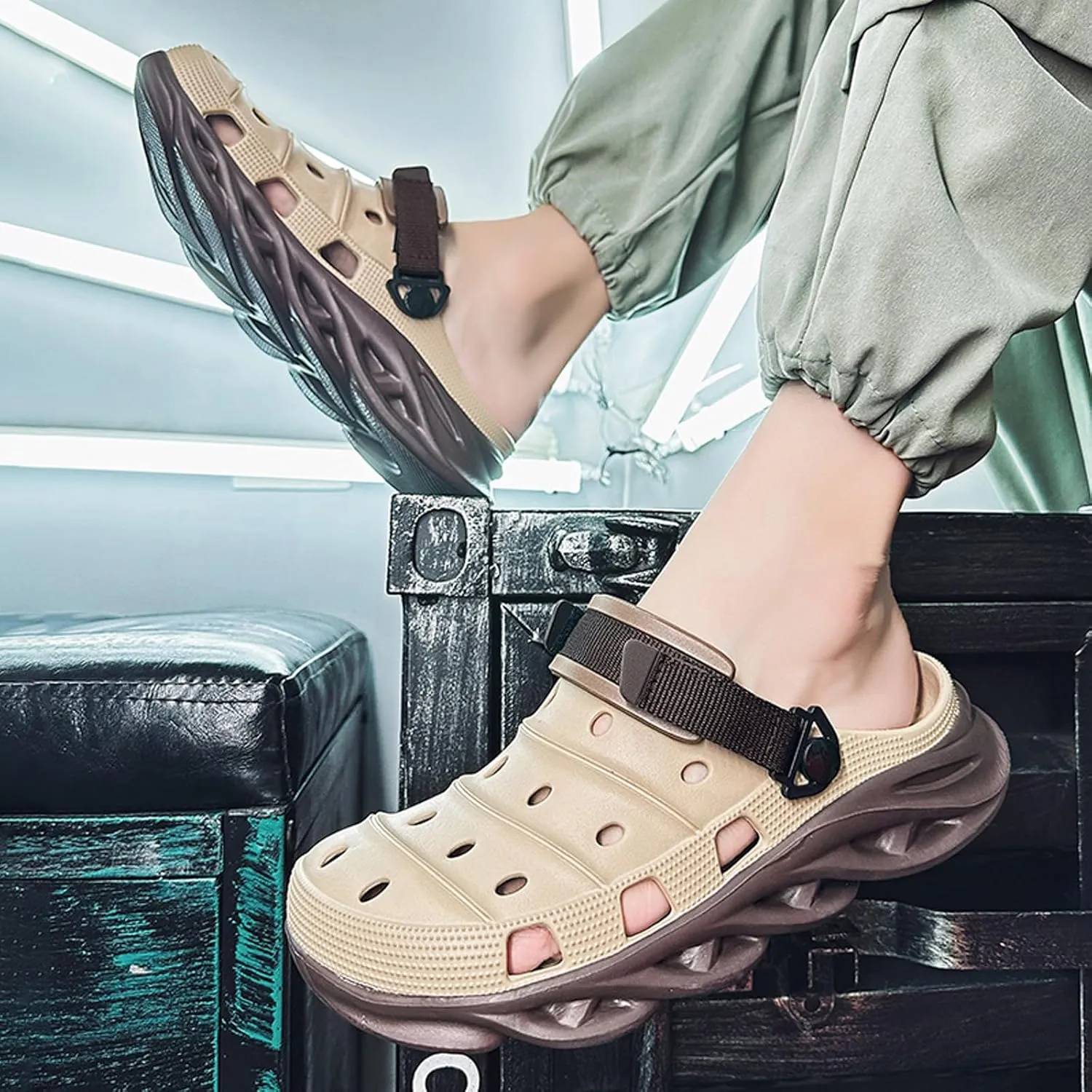 ihinzry Men's Garden Clogs Non-Slip Slides Shoes Water Beach Pool Sandals for Men Two Tones Outdoor Slippers with Adjustable Strap