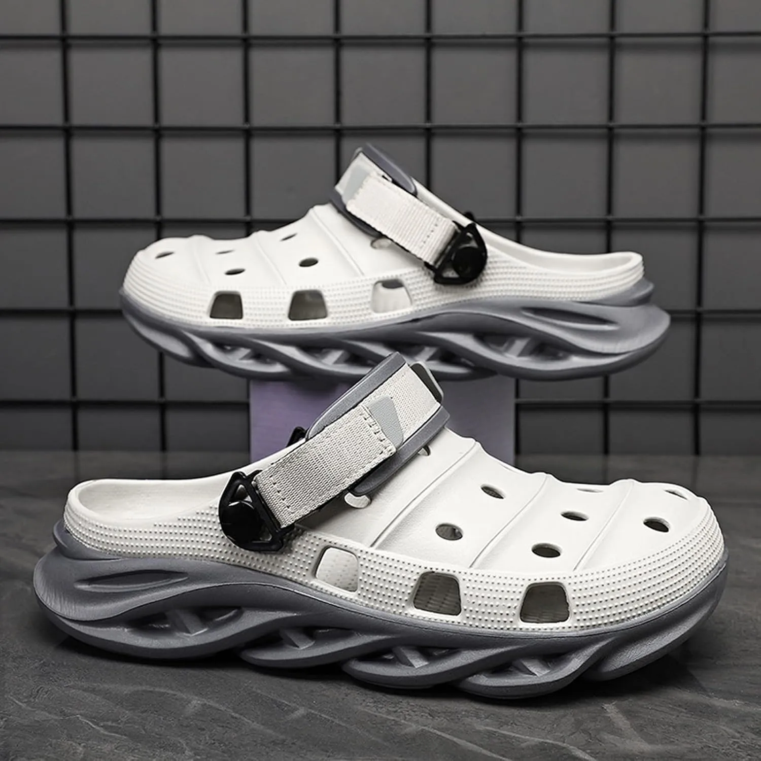 ihinzry Men's Garden Clogs Non-Slip Slides Shoes Water Beach Pool Sandals for Men Two Tones Outdoor Slippers with Adjustable Strap