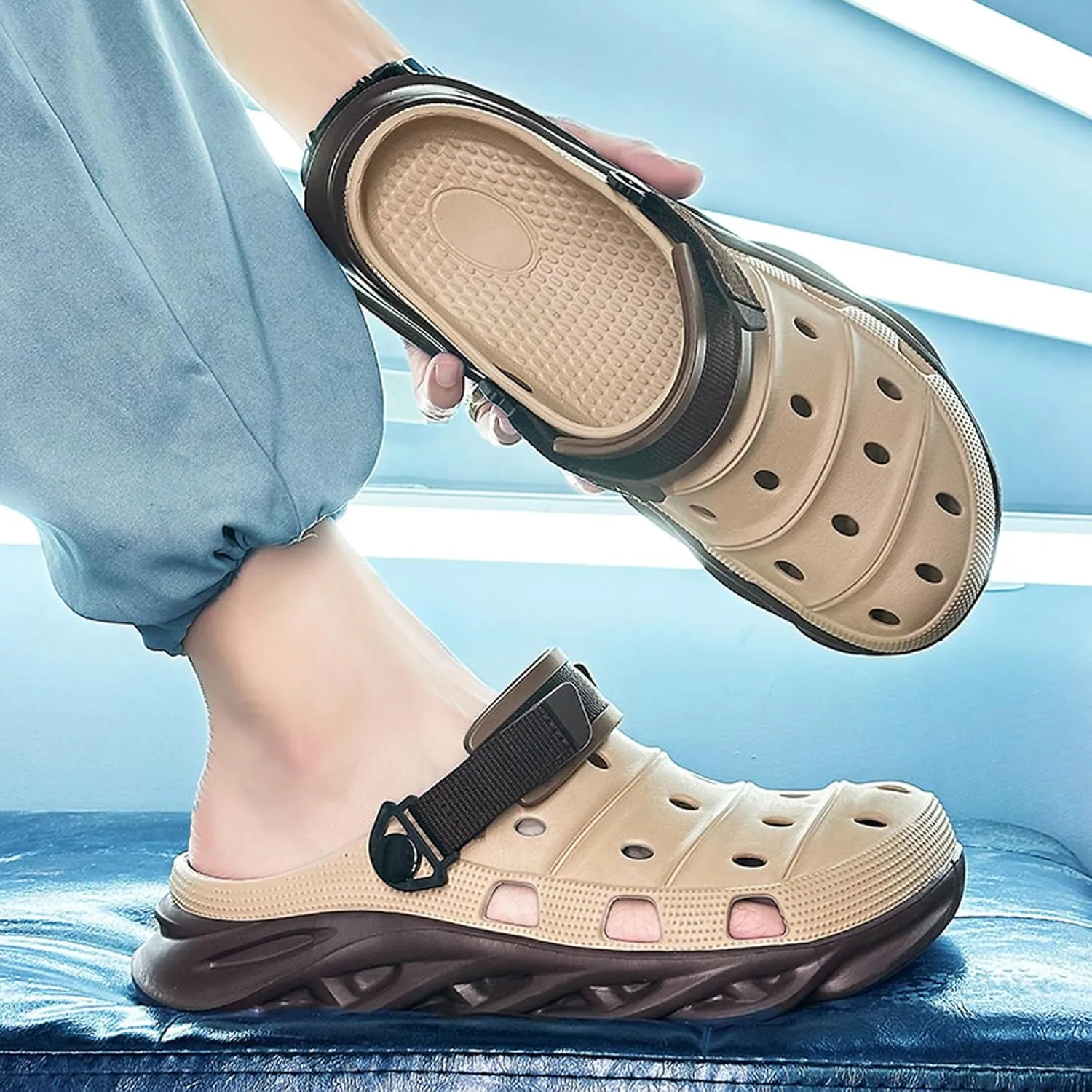 ihinzry Men's Garden Clogs Non-Slip Slides Shoes Water Beach Pool Sandals for Men Two Tones Outdoor Slippers with Adjustable Strap