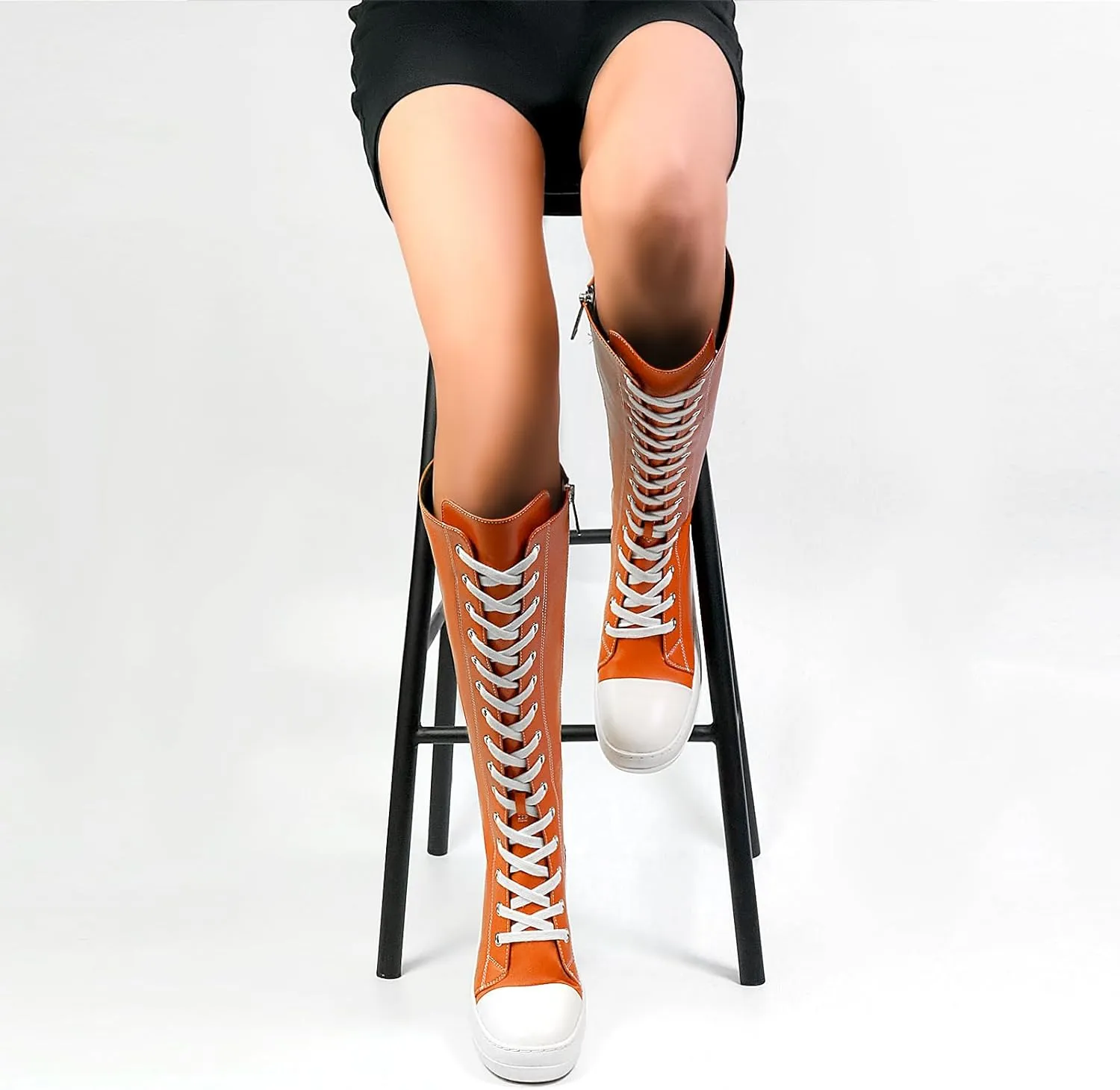 IMPREMEY Womens Knee-High Boots Lace Up Comfort Platform Walking boots With Zipper Round Toe Booties