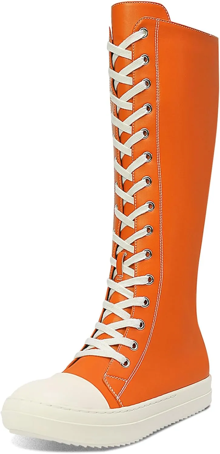 IMPREMEY Womens Knee-High Boots Lace Up Comfort Platform Walking boots With Zipper Round Toe Booties