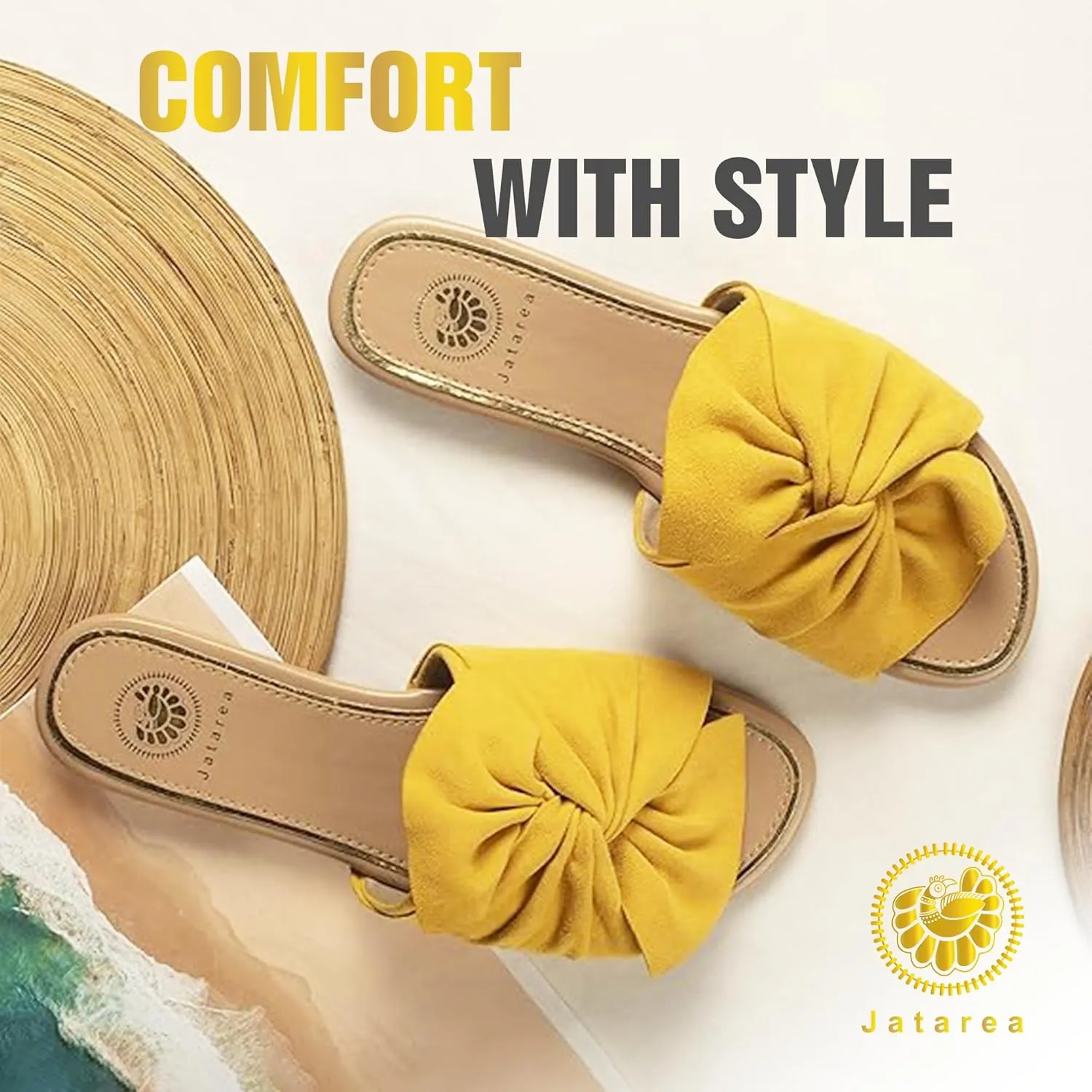 JATAREA Women’s Slip-On Leather Flat Sandals with Round Open Toe | Classic and Trendy Slippers - CAVERY