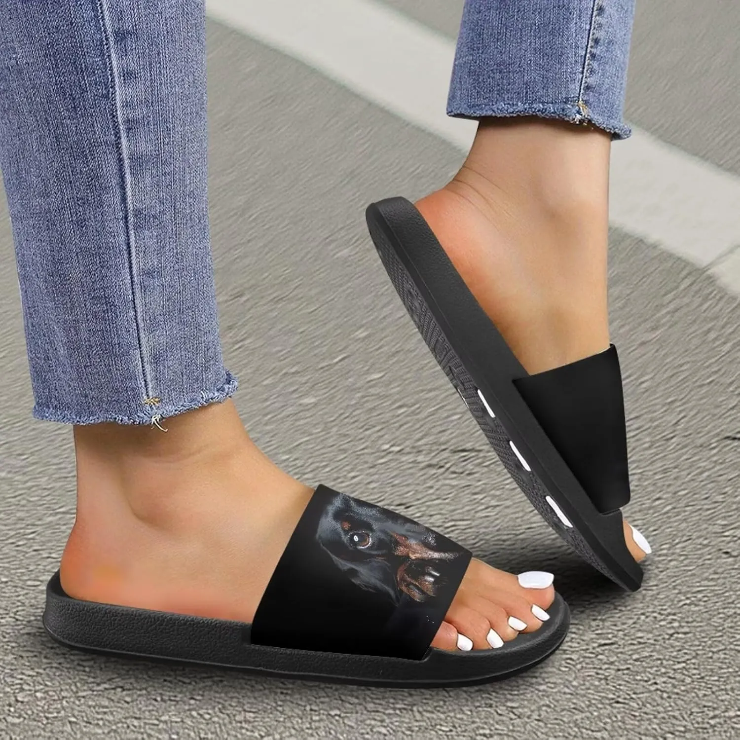 Jeiento Open Toe Slide Sandals for Women Men Non Slip Flat Bathroom Shower Shoes Soft Couple Home Shoes Dog Pattern