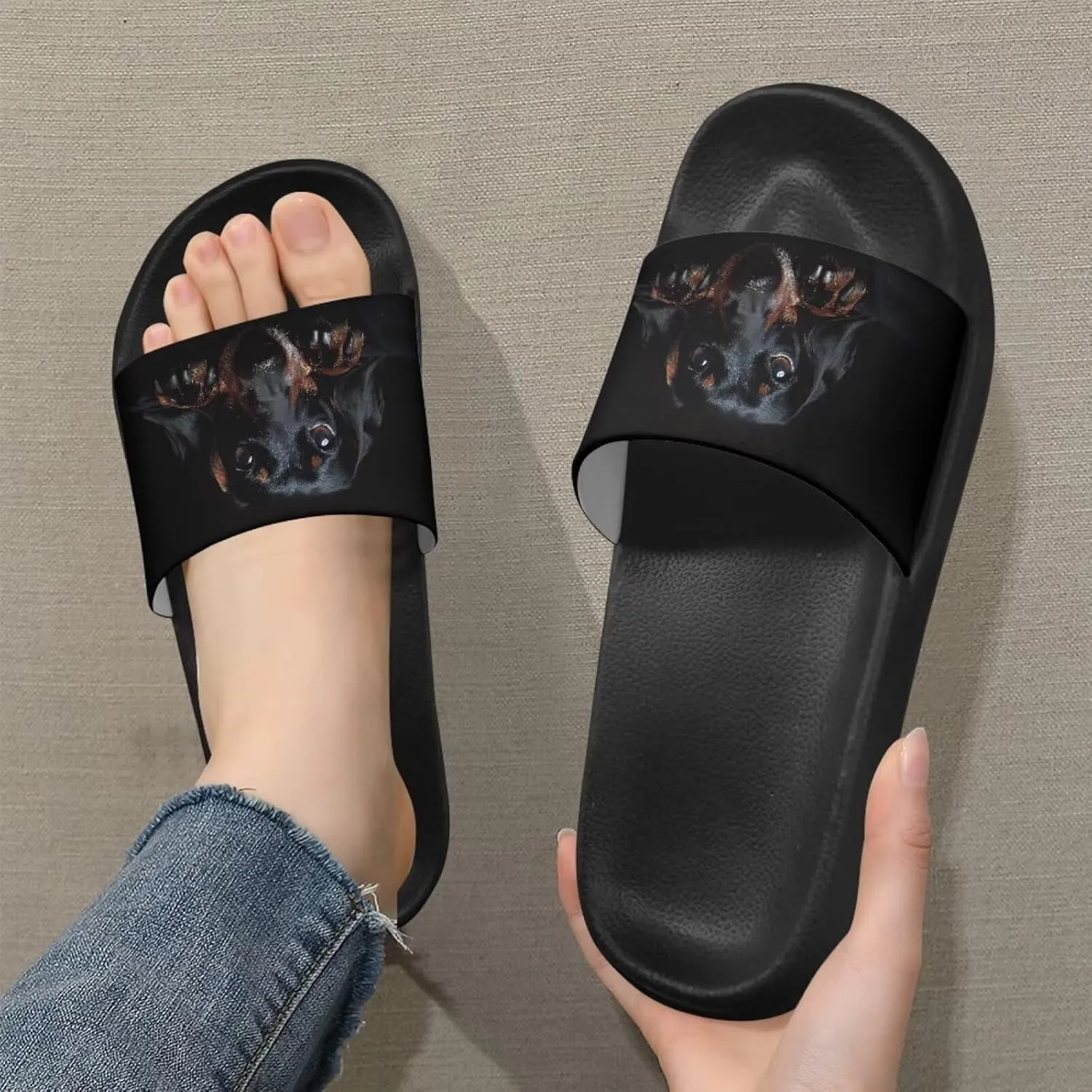 Jeiento Open Toe Slide Sandals for Women Men Non Slip Flat Bathroom Shower Shoes Soft Couple Home Shoes Dog Pattern