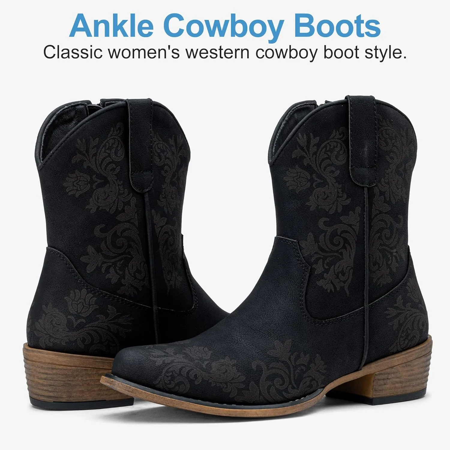 Jeossy Women's Cowboy Boots Short Cowgirl Ankle Boots Western 9805 Booties Square Toe with Zipper