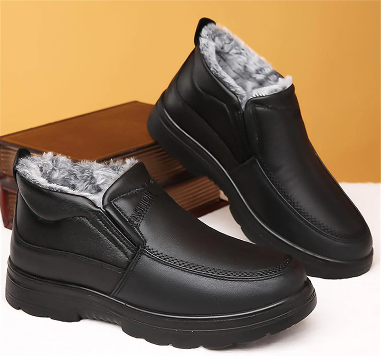 JiuQing Men's Winter Ankle Boots Slip-On Snow Boots Fur Lined Warm Outdoor Walking Cotton Slippers