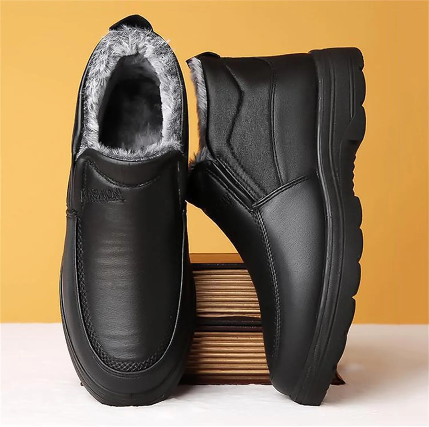 JiuQing Men's Winter Ankle Boots Slip-On Snow Boots Fur Lined Warm Outdoor Walking Cotton Slippers
