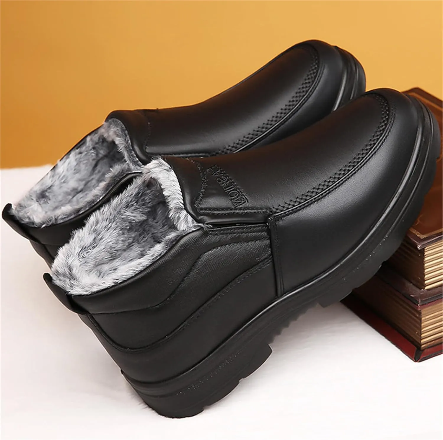JiuQing Men's Winter Ankle Boots Slip-On Snow Boots Fur Lined Warm Outdoor Walking Cotton Slippers