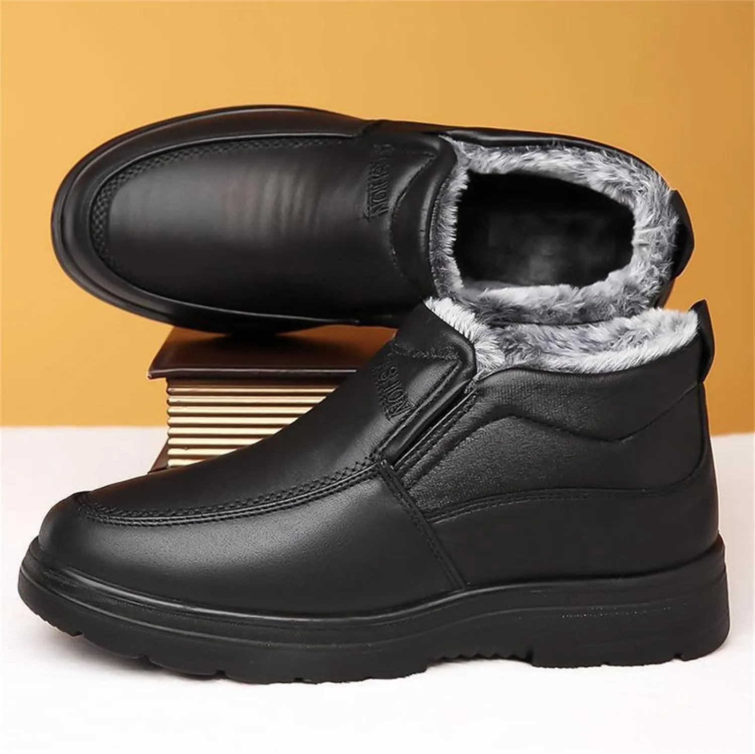 JiuQing Men's Winter Ankle Boots Slip-On Snow Boots Fur Lined Warm Outdoor Walking Cotton Slippers