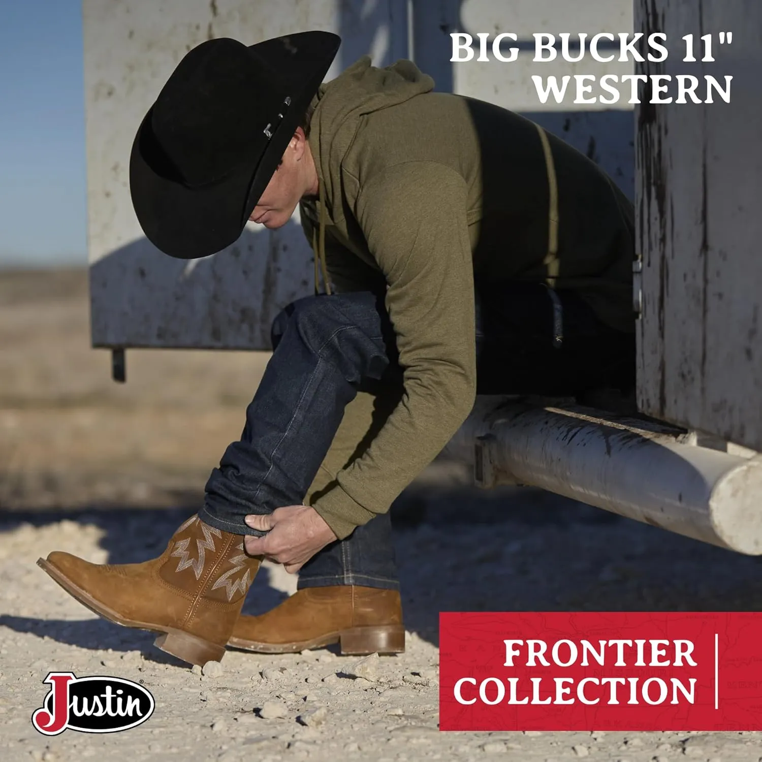 Justin Big Bucks 11” Western Boots for Men - Frontier Collection - Square Toe Leather Men’s Cowboy Boots with Comfort Footbed, Non Slip Rubber Outsole