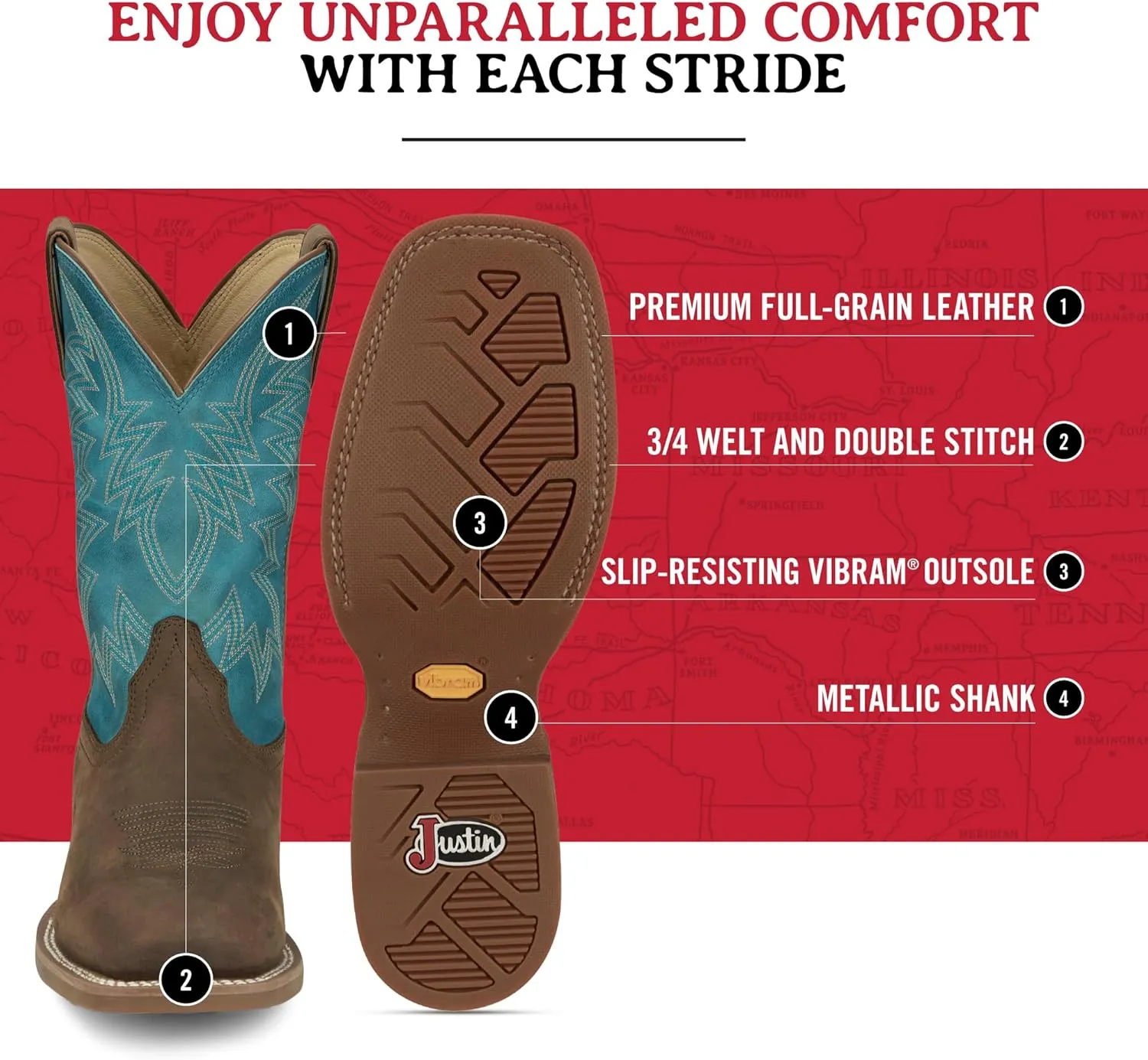 Justin Big Bucks 11” Western Boots for Men - Frontier Collection - Square Toe Leather Men’s Cowboy Boots with Comfort Footbed, Non Slip Rubber Outsole