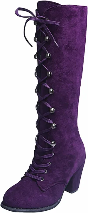 Knee High Boots for Women Chunky Heel Boots Medieval Victorian Boots Lace Up Mid Calf Boots Goth Cosplay Costume