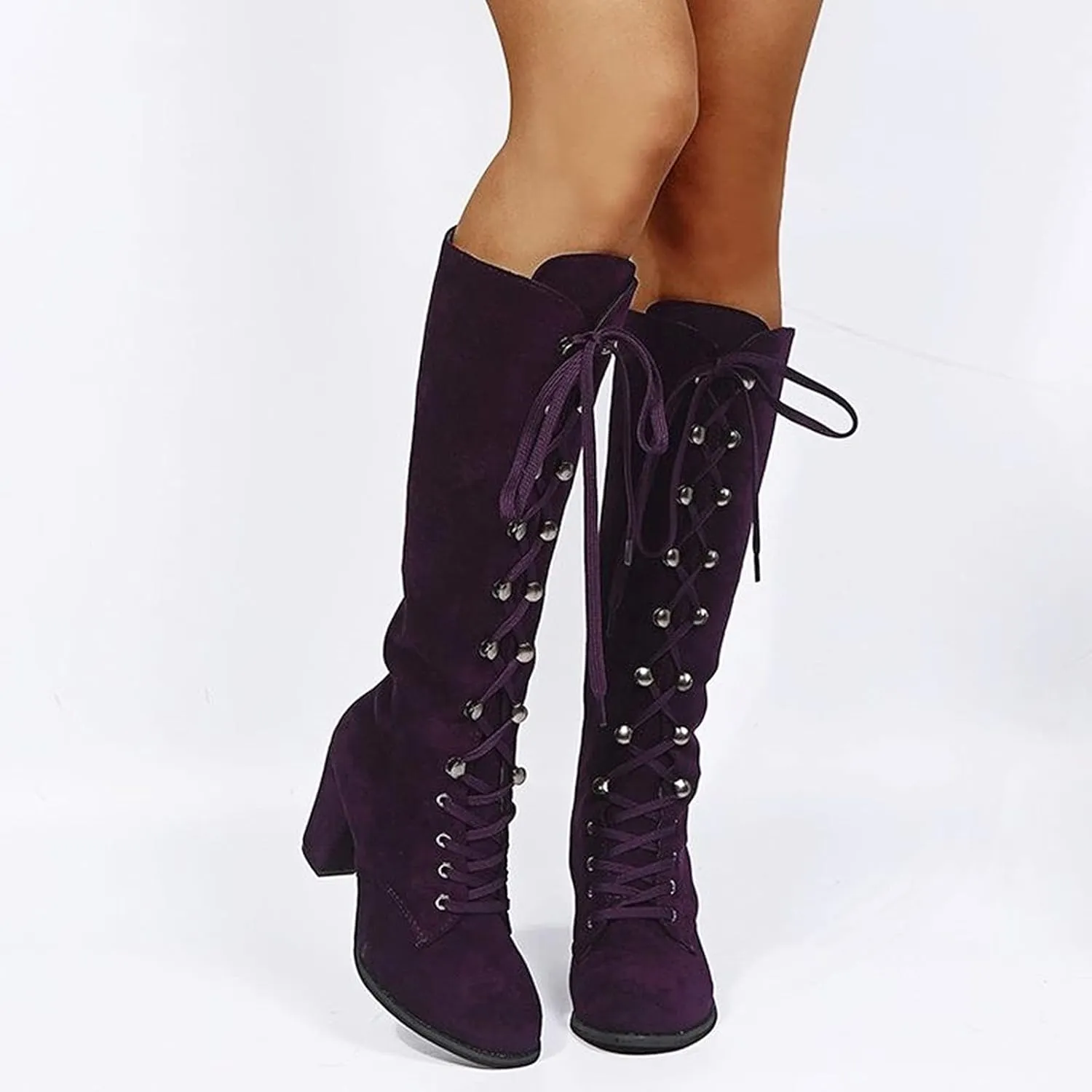 Knee High Boots for Women Chunky Heel Boots Medieval Victorian Boots Lace Up Mid Calf Boots Goth Cosplay Costume
