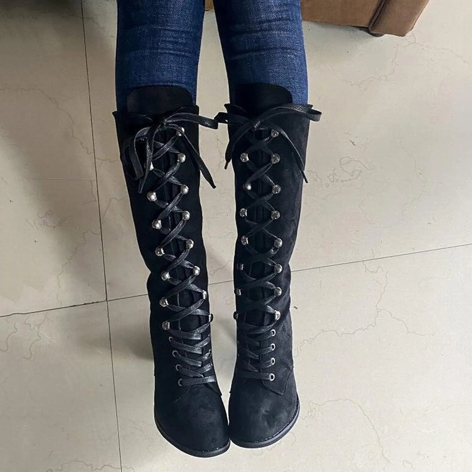 Knee High Boots for Women Chunky Heel Boots Medieval Victorian Boots Lace Up Mid Calf Boots Goth Cosplay Costume