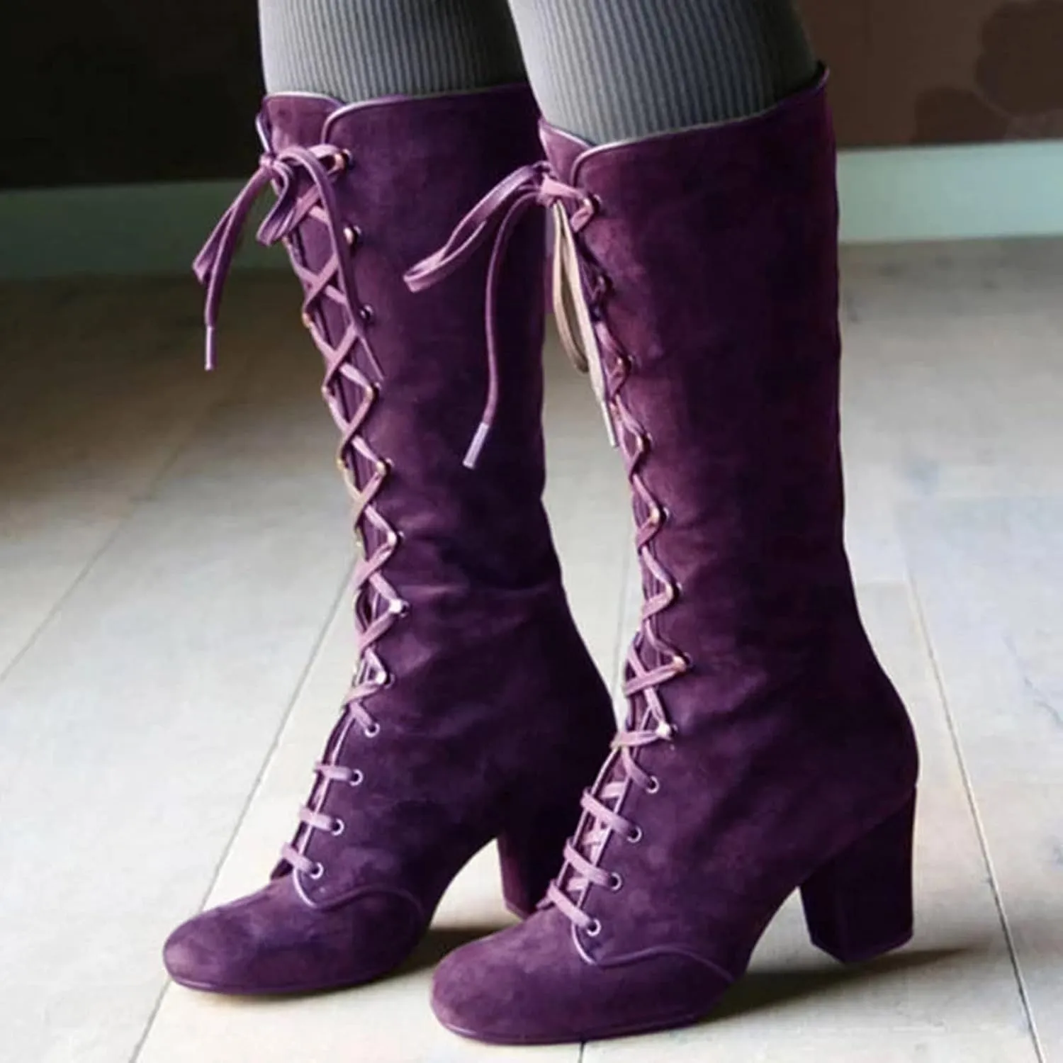 Knee High Boots for Women Chunky Heel Boots Medieval Victorian Boots Lace Up Mid Calf Boots Goth Cosplay Costume