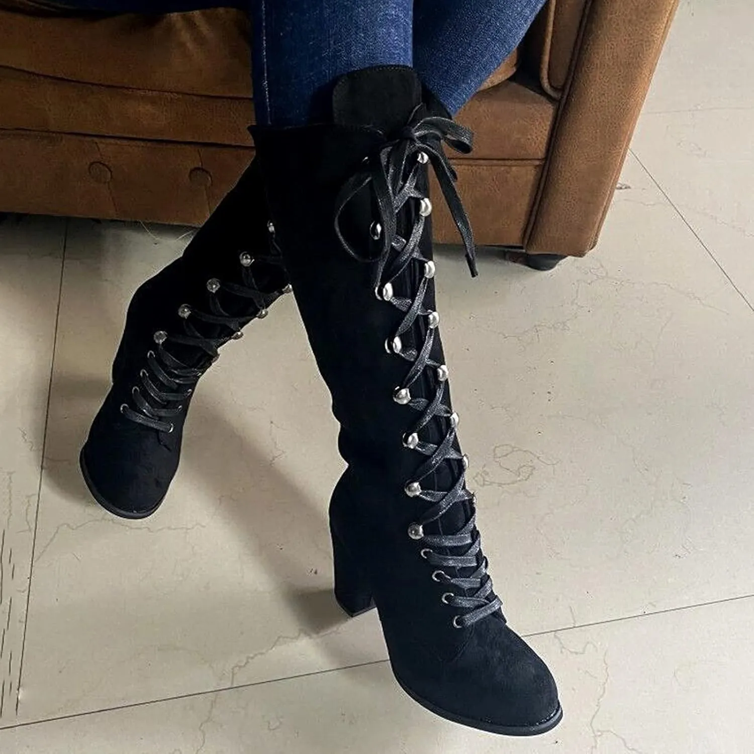 Knee High Boots for Women Chunky Heel Boots Medieval Victorian Boots Lace Up Mid Calf Boots Goth Cosplay Costume