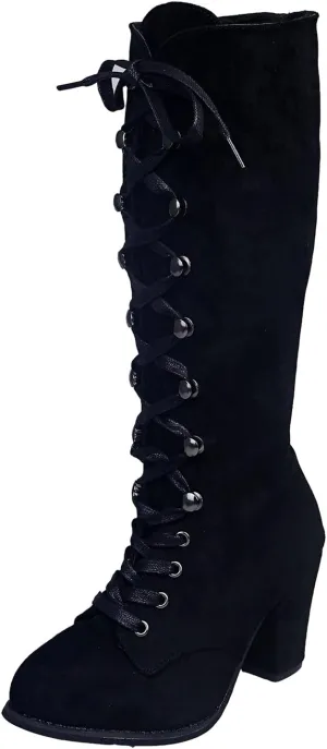 Knee High Boots for Women Chunky Heel Boots Medieval Victorian Boots Lace Up Mid Calf Boots Goth Cosplay Costume