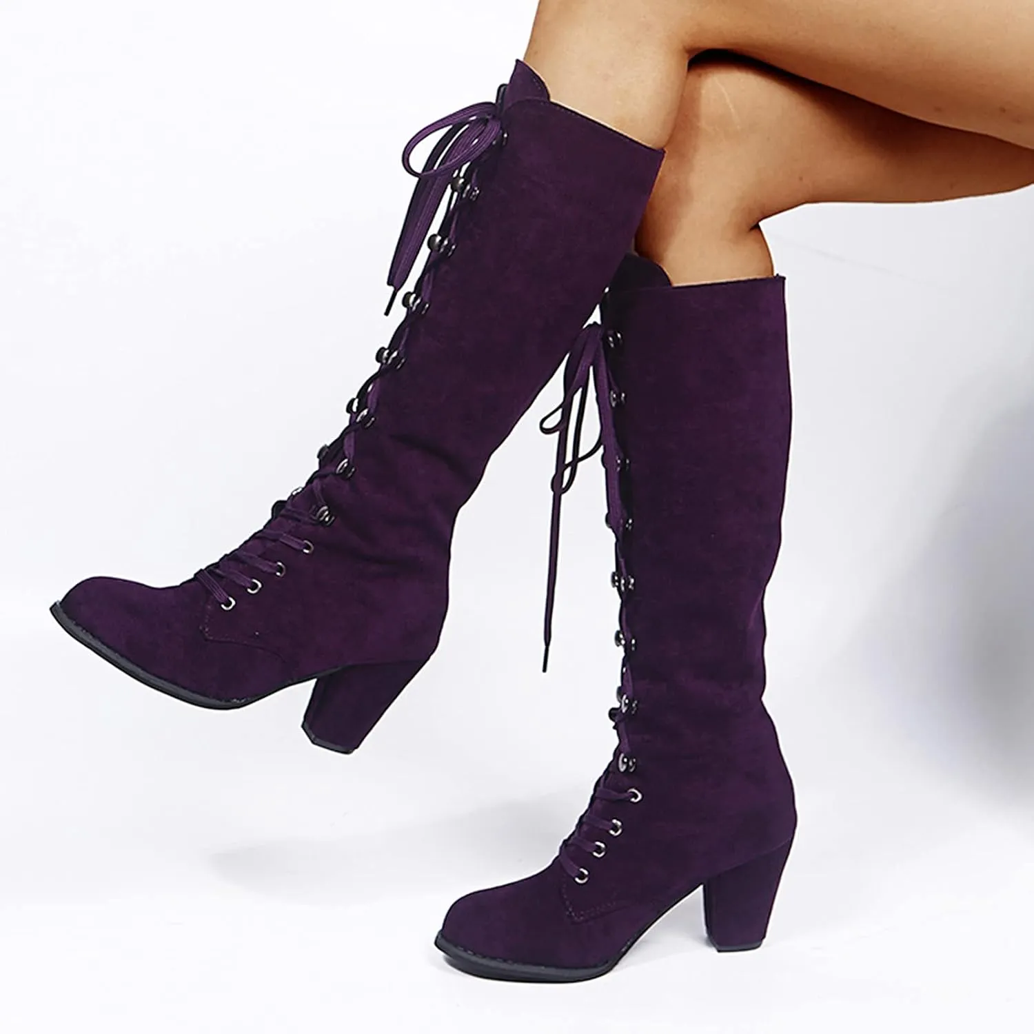 Knee High Boots for Women Chunky Heel Boots Medieval Victorian Boots Lace Up Mid Calf Boots Goth Cosplay Costume
