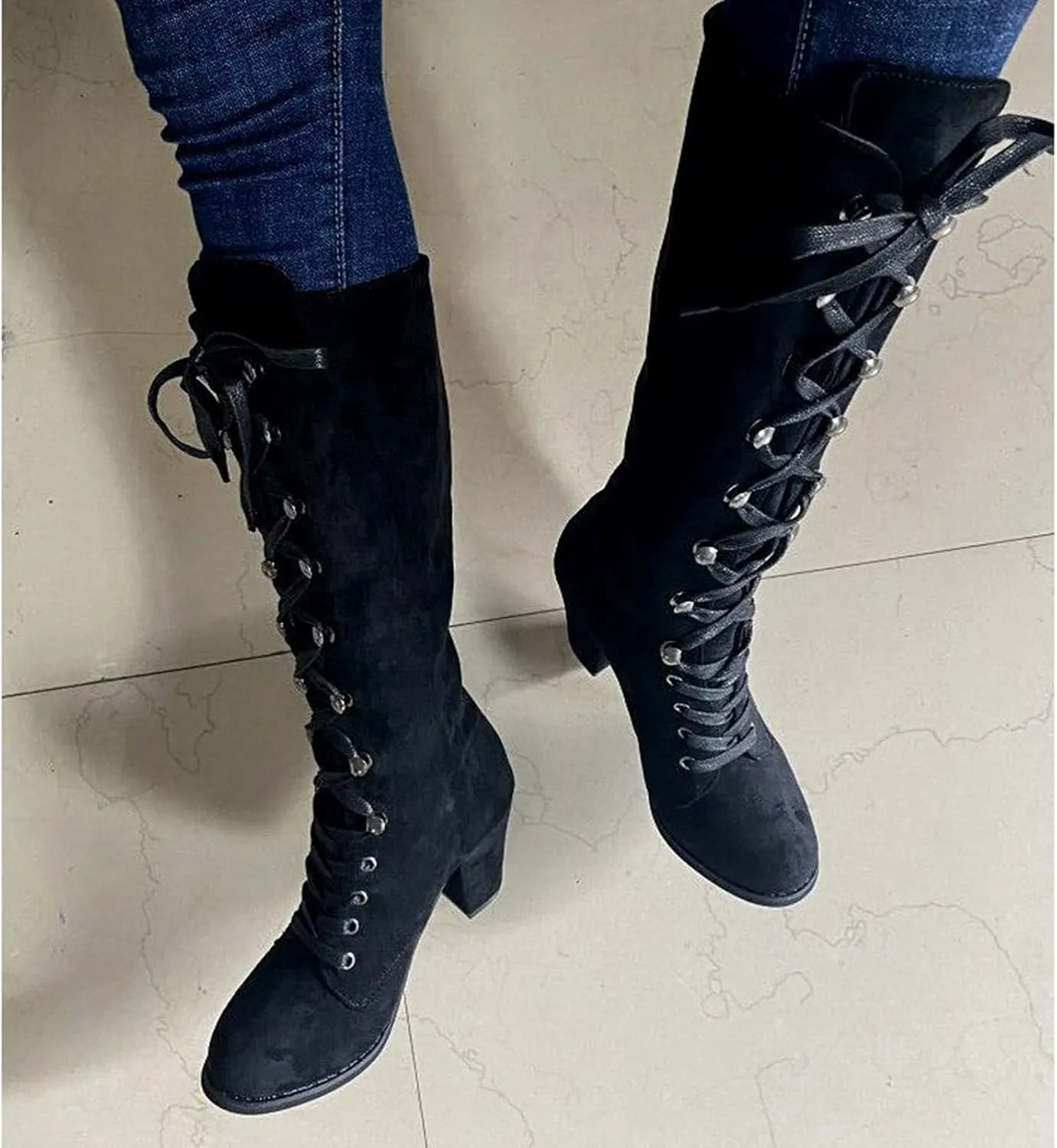 Knee High Boots for Women Chunky Heel Boots Medieval Victorian Boots Lace Up Mid Calf Boots Goth Cosplay Costume