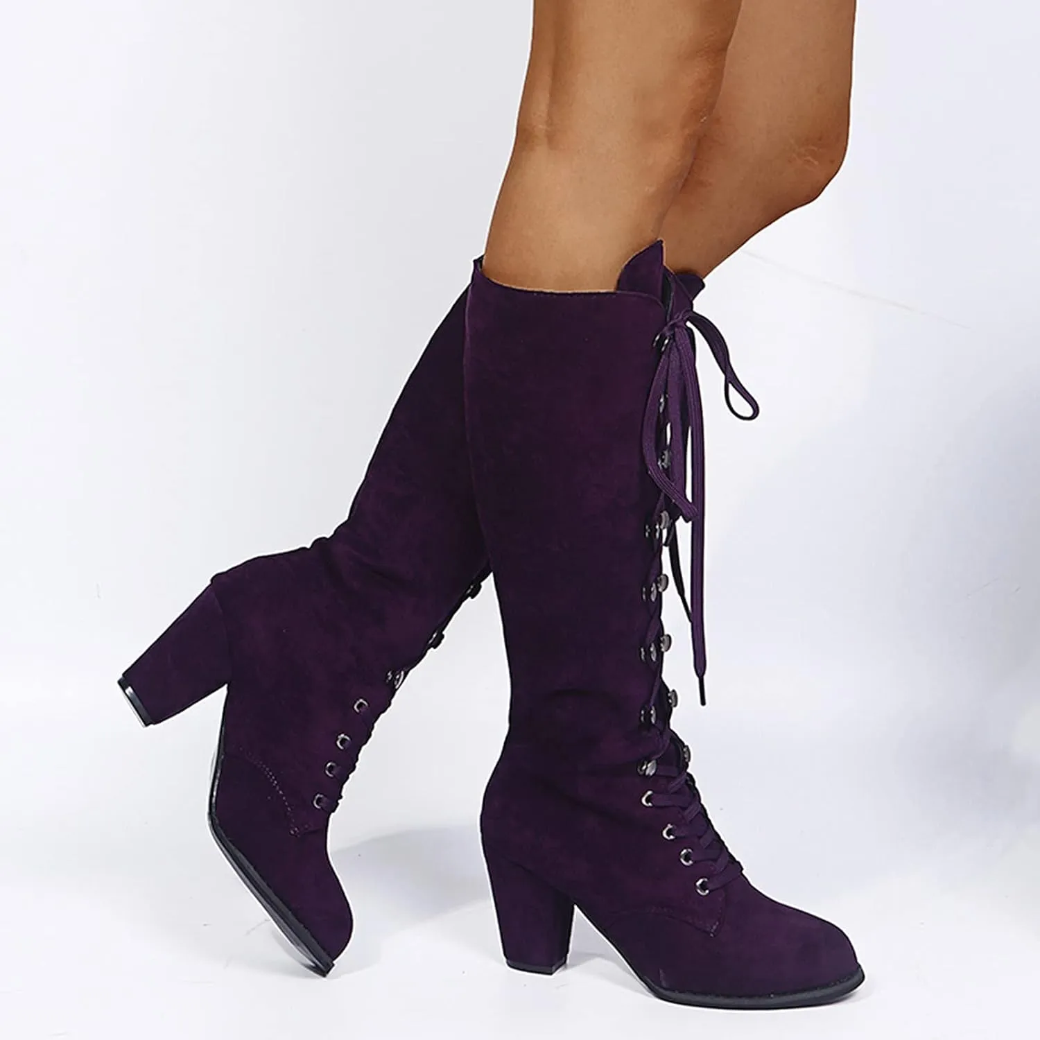 Knee High Boots for Women Chunky Heel Boots Medieval Victorian Boots Lace Up Mid Calf Boots Goth Cosplay Costume