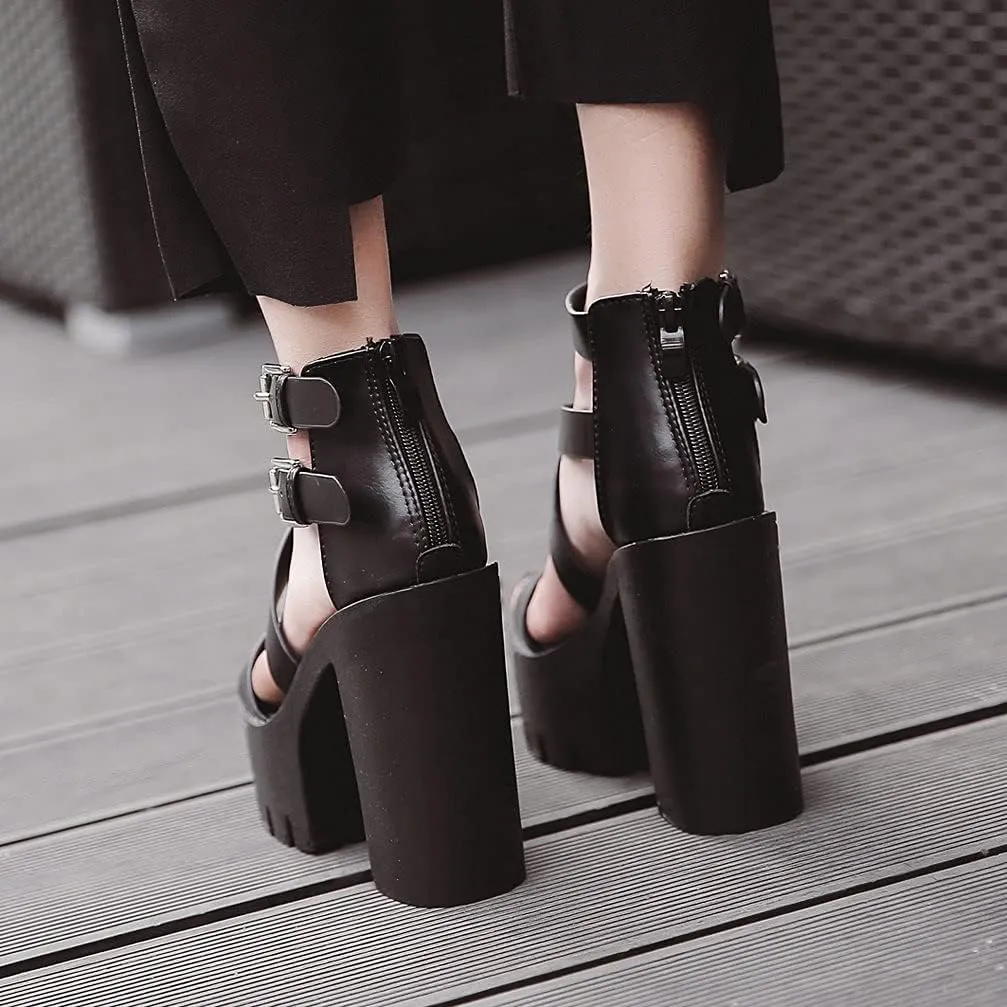 KOKOMOMO Womens High Chunky Heel Platform Ankle Strap Goth Sandals