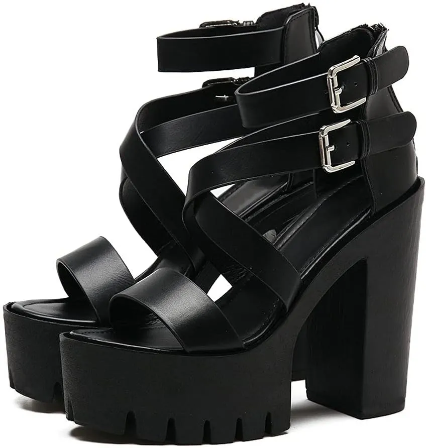 KOKOMOMO Womens High Chunky Heel Platform Ankle Strap Goth Sandals