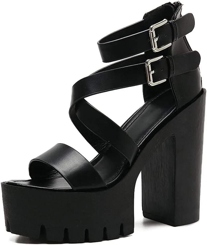 KOKOMOMO Womens High Chunky Heel Platform Ankle Strap Goth Sandals