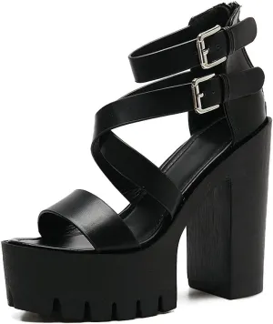 KOKOMOMO Womens High Chunky Heel Platform Ankle Strap Goth Sandals