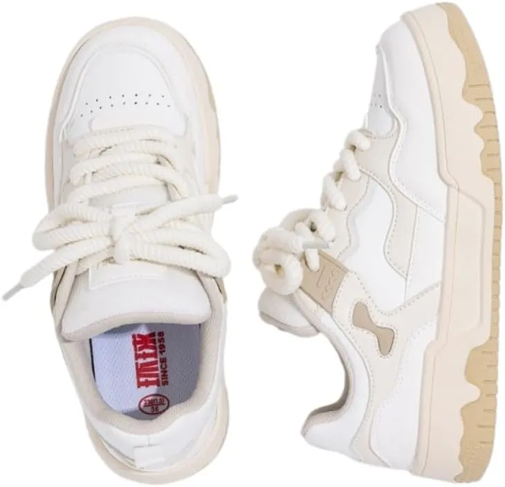 Korean Creamy Chunky White Sneakers | Ins Y2K Trendy Bread-head Shoes with Cloud Comfort Sole | Breathable Boost-up Platform | Kawaii Spring Summer Autumn Winter OOTD for Girls & Women | Campus Outfit