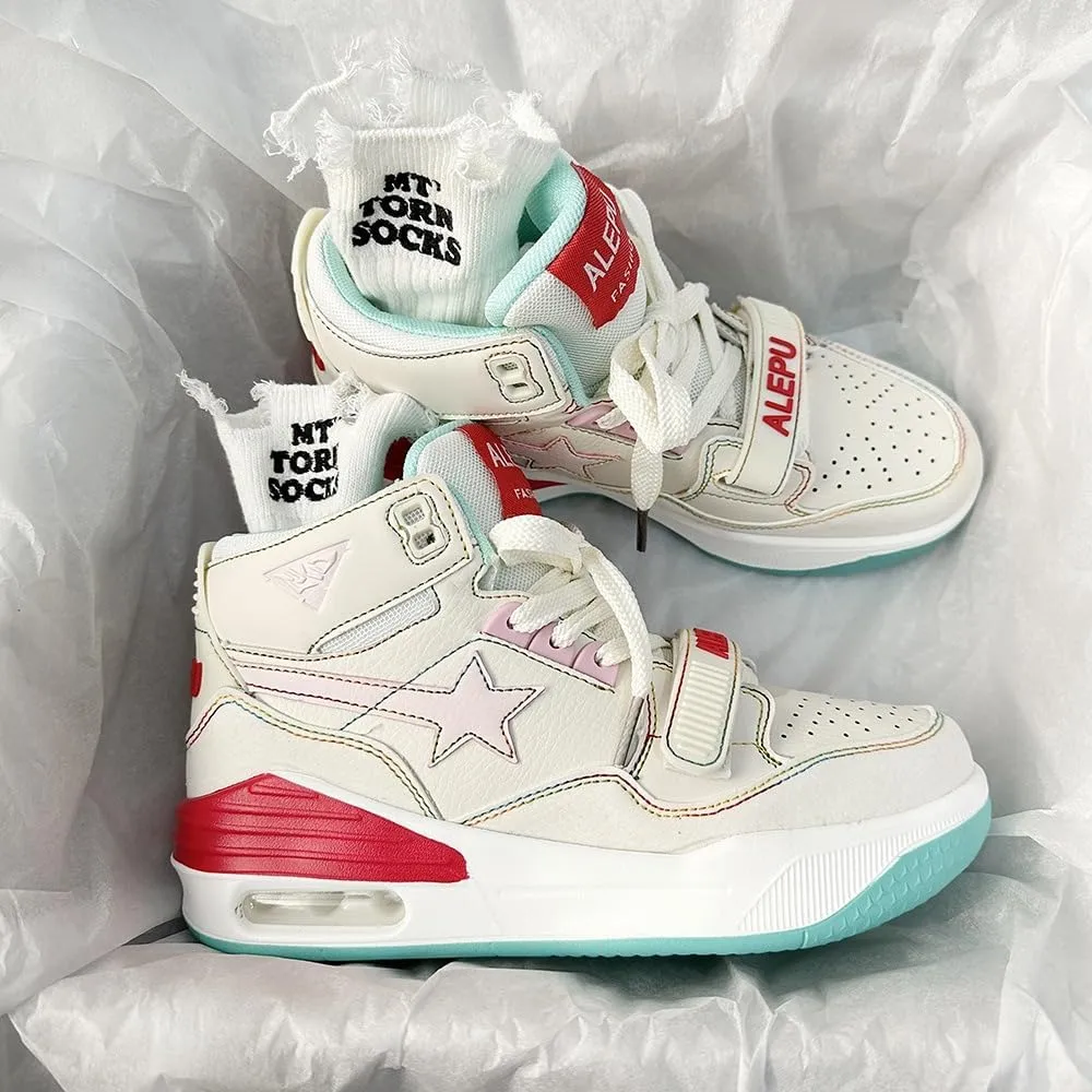Korean High-Top Star Sneakers - Kawaii Manga Comic Style, Marshmallow Sneakers with Maillard Pink & White Color Elevated Sole| Perfect for Ins Outfits & Trendy Streetwear