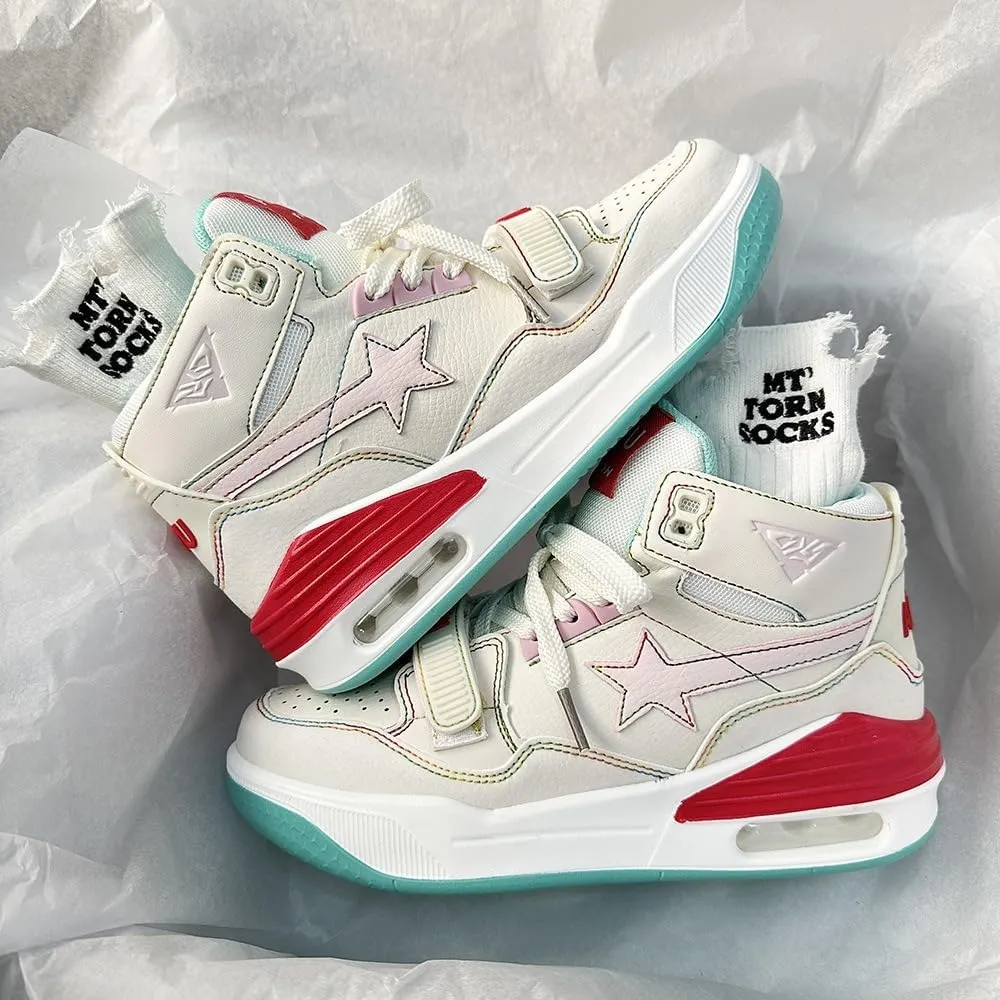 Korean High-Top Star Sneakers - Kawaii Manga Comic Style, Marshmallow Sneakers with Maillard Pink & White Color Elevated Sole| Perfect for Ins Outfits & Trendy Streetwear