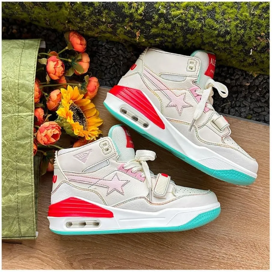 Korean High-Top Star Sneakers - Kawaii Manga Comic Style, Marshmallow Sneakers with Maillard Pink & White Color Elevated Sole| Perfect for Ins Outfits & Trendy Streetwear
