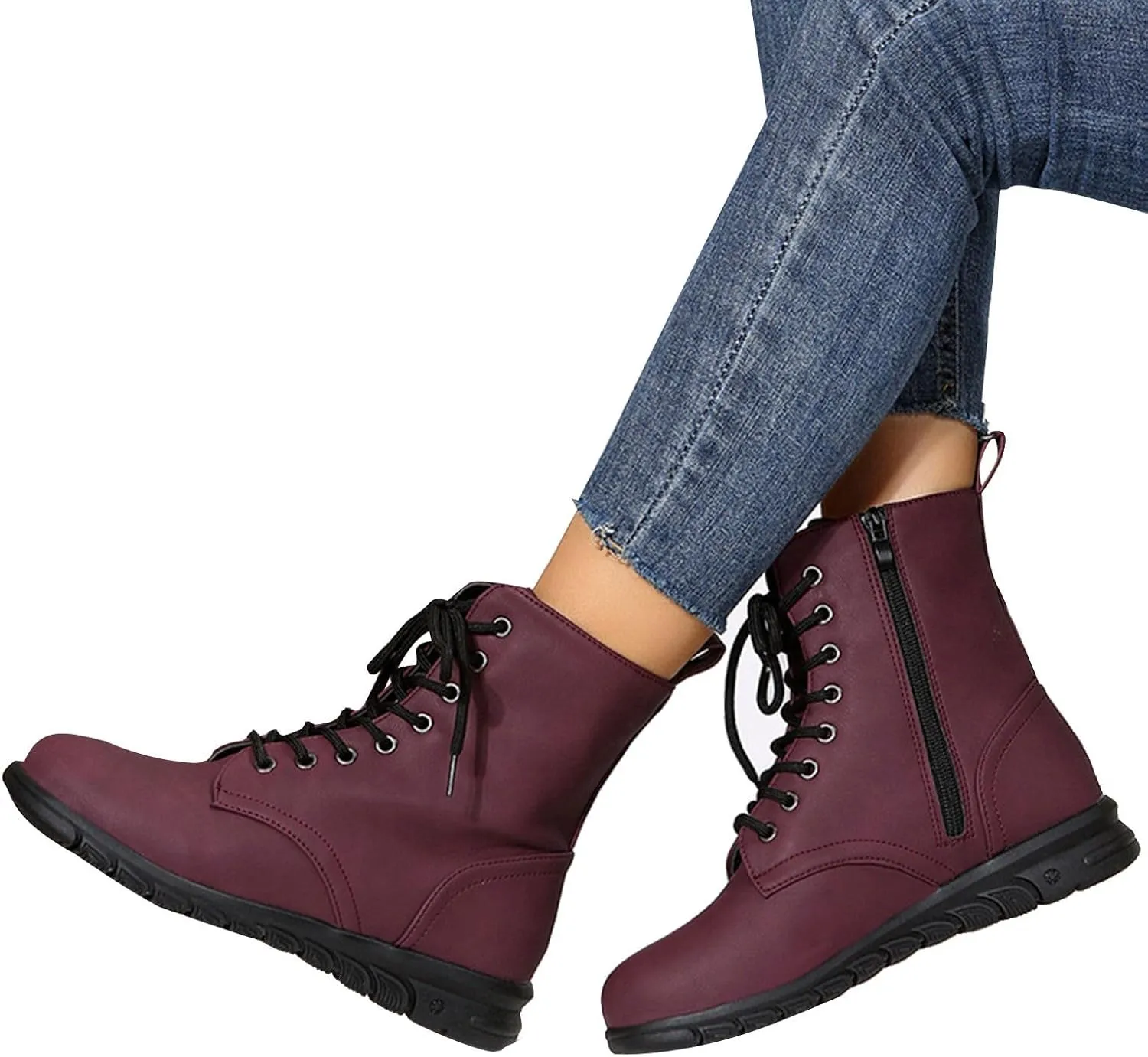 Lace-up Combat Boots Ankle Booties for Women Trendy Mid Calf Low Heel Western Platform Hiking Booties Outdoor Shoes